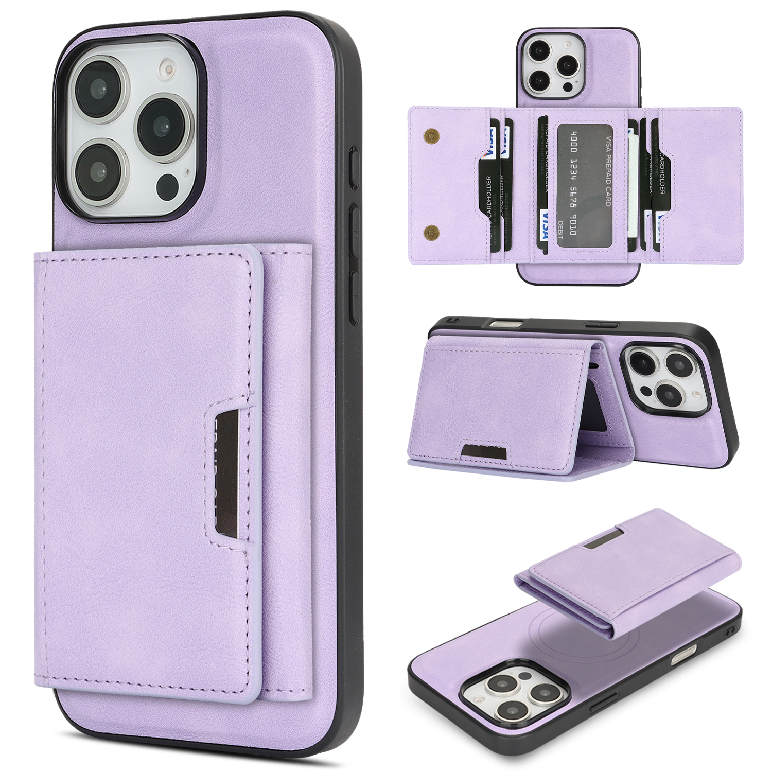 For iPhone 14 Pro Max Kickstand Case Tri-fold Card Bag PU Leather Coated TPU Cover Compatible with MagSafe - Purple