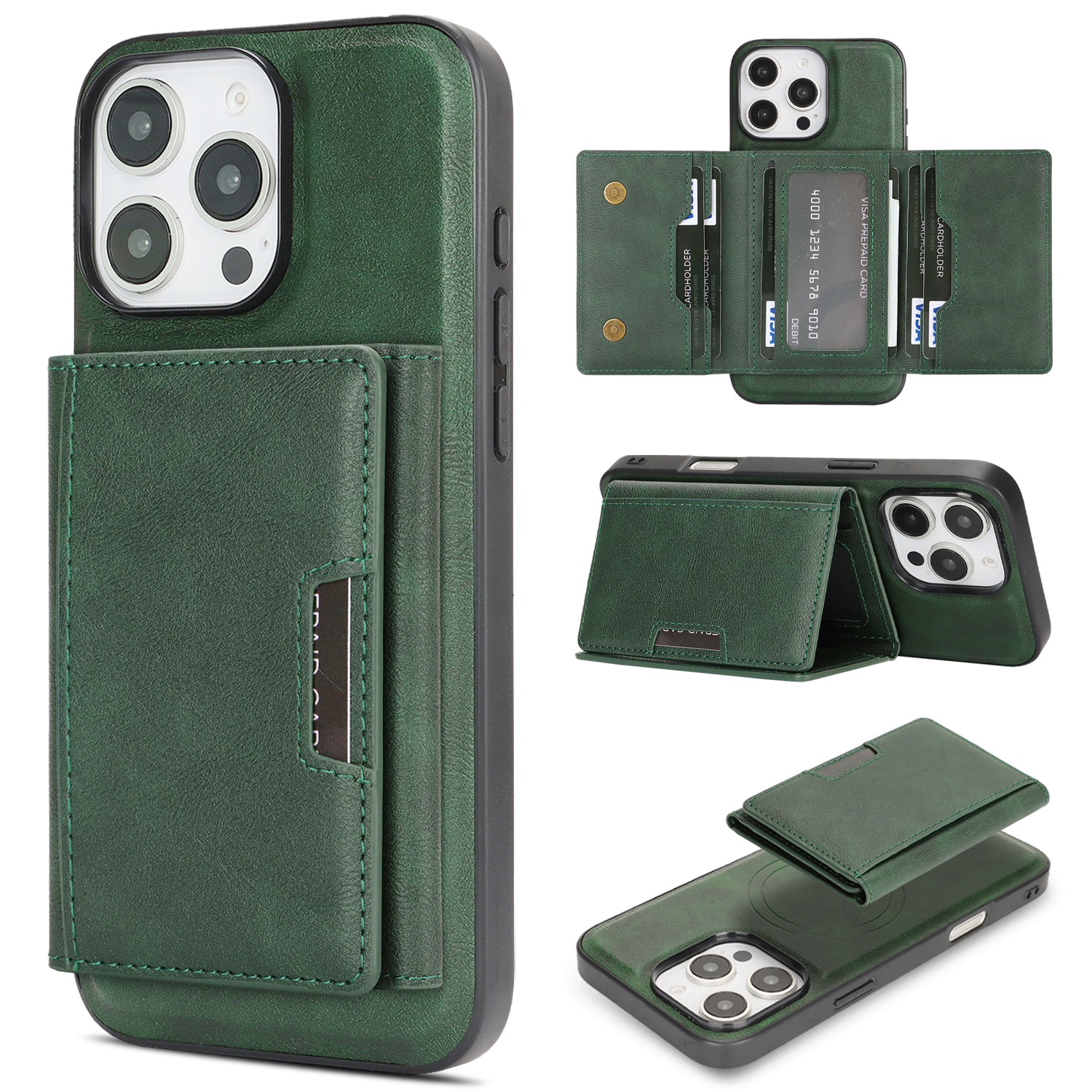 For iPhone 14 Pro Kickstand Case Tri-fold Card Bag PU Leather Coated TPU Cover Compatible with MagSafe - Green