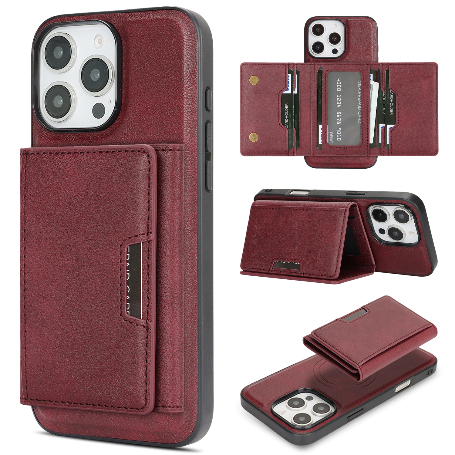 For iPhone 13 Pro Kickstand Case Tri-fold Card Bag PU Leather Coated TPU Cover Compatible with MagSafe - Red
