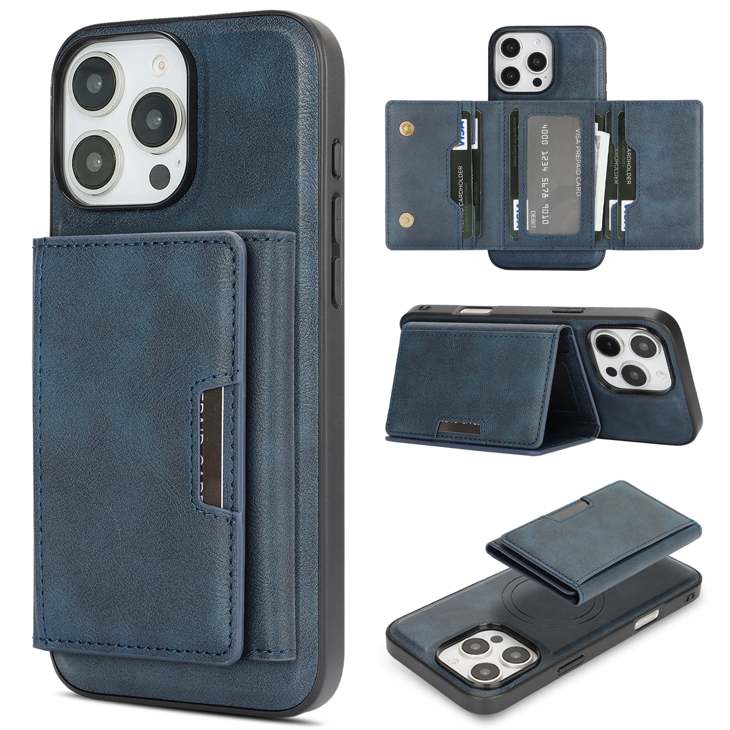 For iPhone 13 Pro Kickstand Case Tri-fold Card Bag PU Leather Coated TPU Cover Compatible with MagSafe - Blue