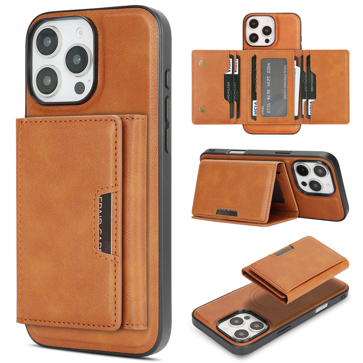 For iPhone 13 Pro Kickstand Case Tri-fold Card Bag PU Leather Coated TPU Cover Compatible with MagSafe - Brown