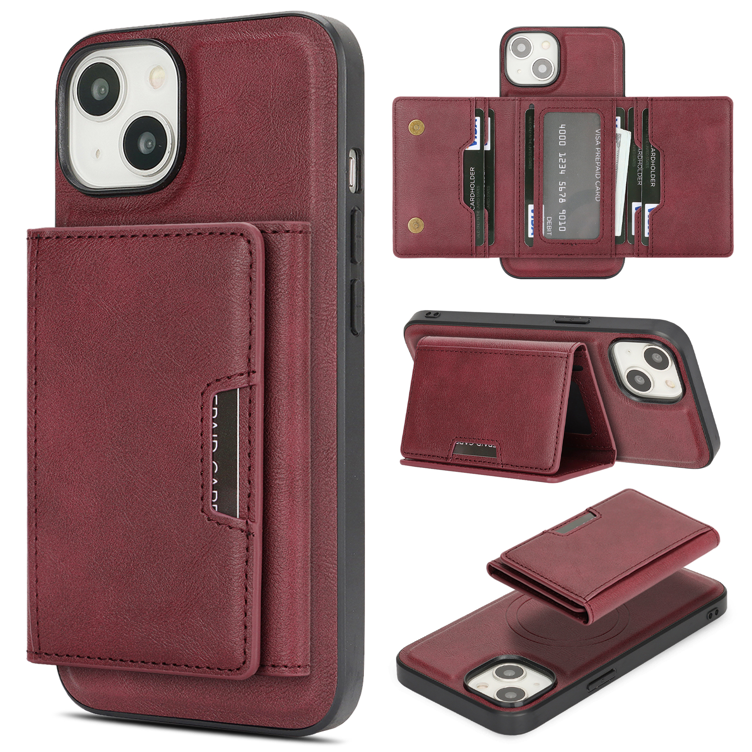 For iPhone 14 Kickstand Case Tri-fold Card Bag PU Leather Coated TPU Cover Compatible with MagSafe - Red