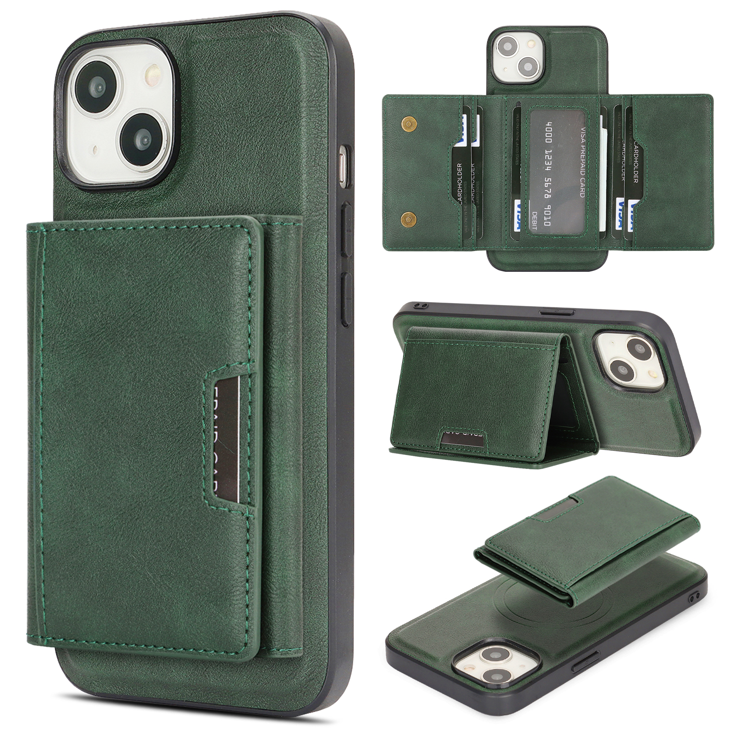 For iPhone 14 Kickstand Case Tri-fold Card Bag PU Leather Coated TPU Cover Compatible with MagSafe - Green