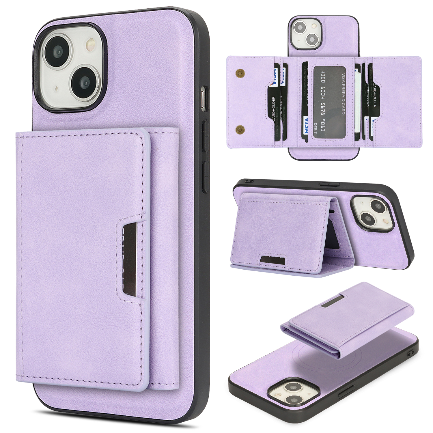 For iPhone 14 Kickstand Case Tri-fold Card Bag PU Leather Coated TPU Cover Compatible with MagSafe - Purple