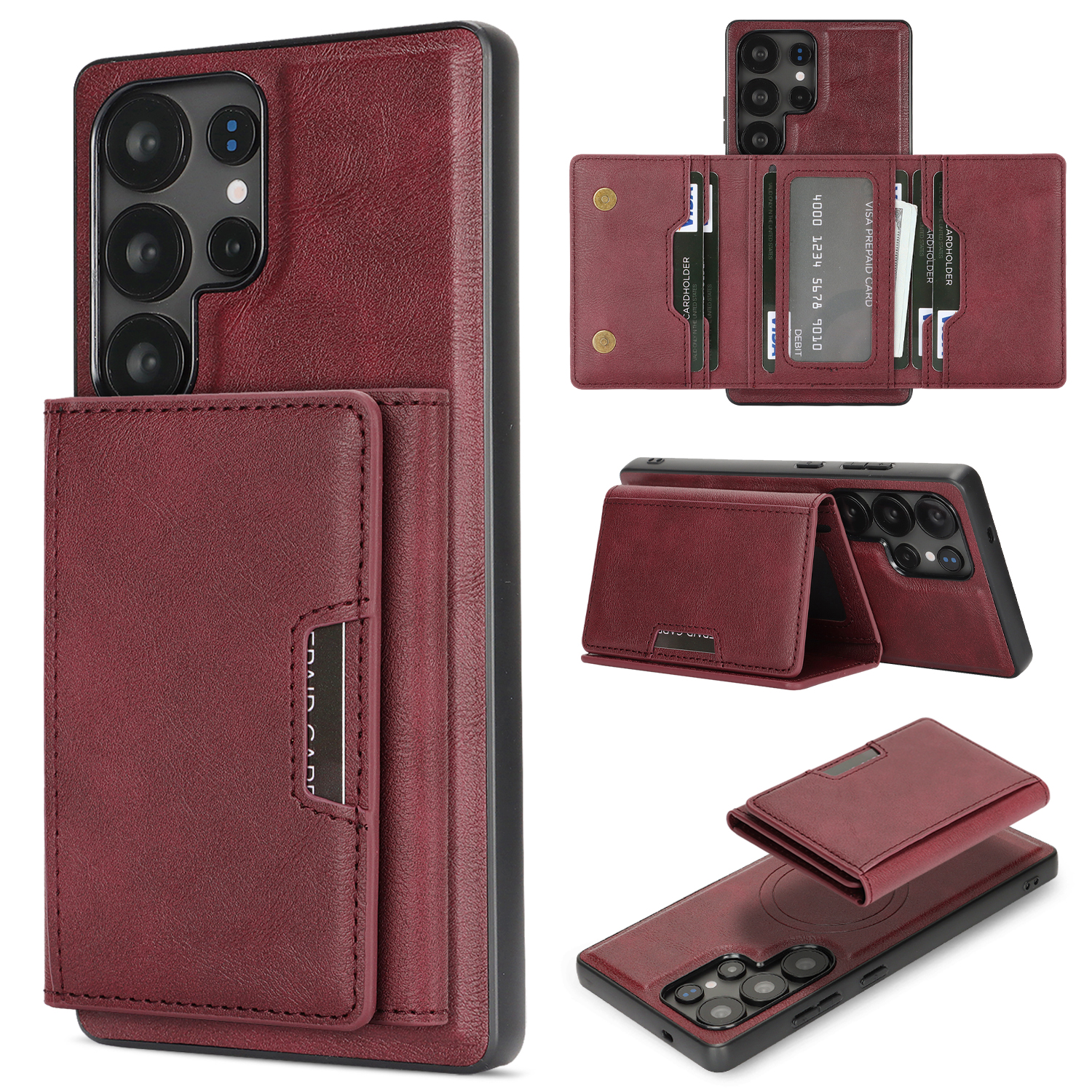 For Samsung Galaxy S23 Ultra Kickstand Case Tri-fold Card Bag PU Leather Coated TPU Cover Magnetic Case - Red