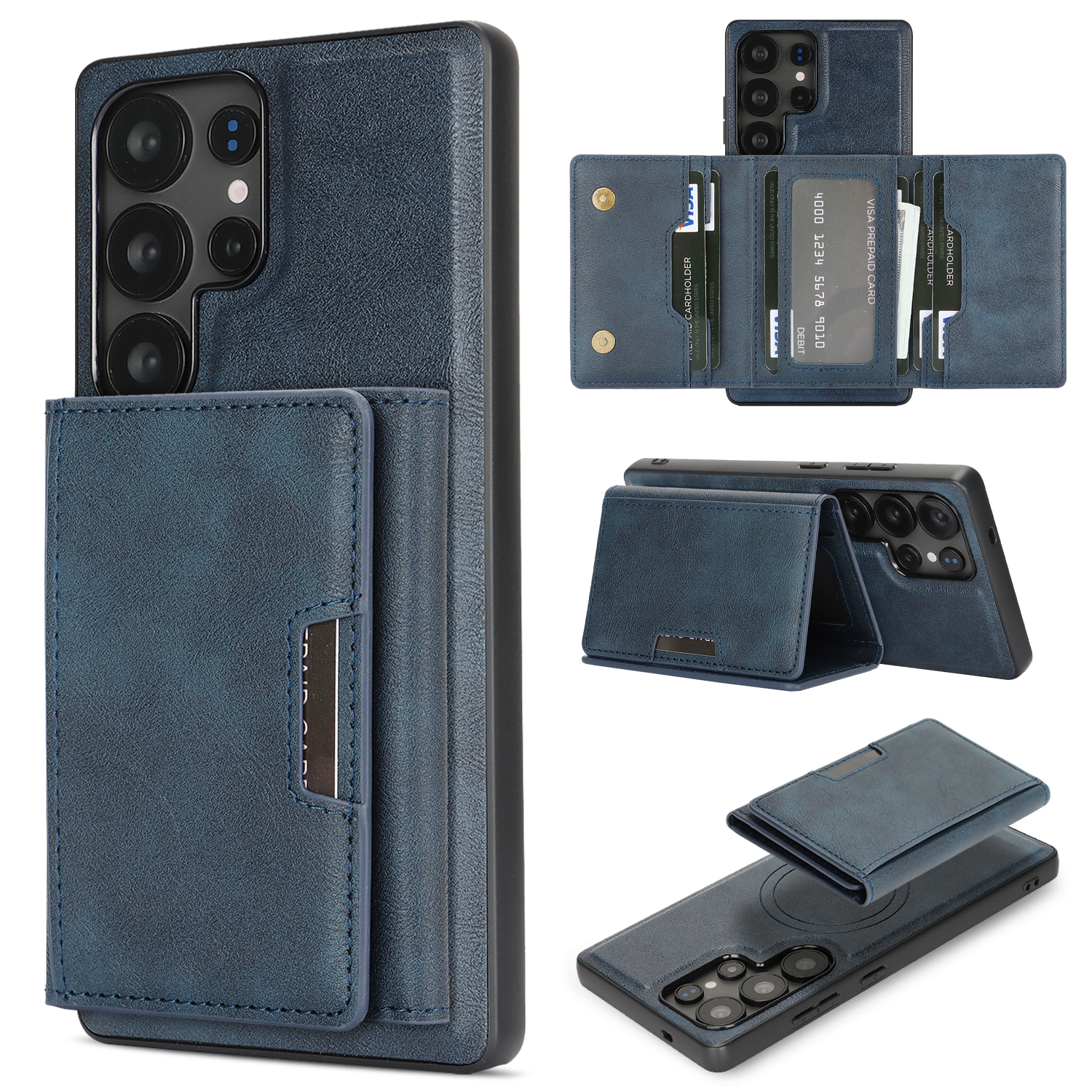 For Samsung Galaxy S23 Ultra Kickstand Case Tri-fold Card Bag PU Leather Coated TPU Cover Magnetic Case - Blue