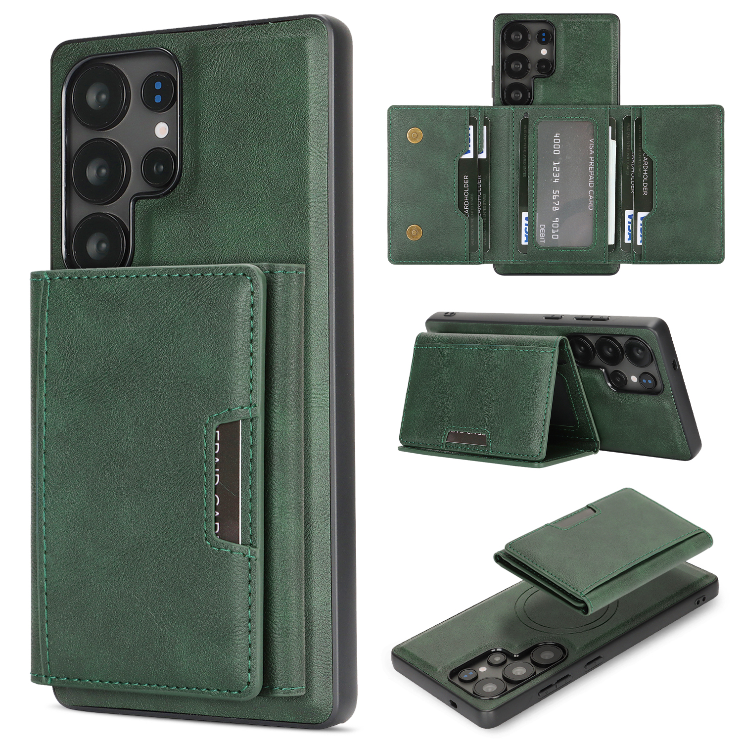 For Samsung Galaxy S23 Ultra Kickstand Case Tri-fold Card Bag PU Leather Coated TPU Cover Magnetic Case - Green