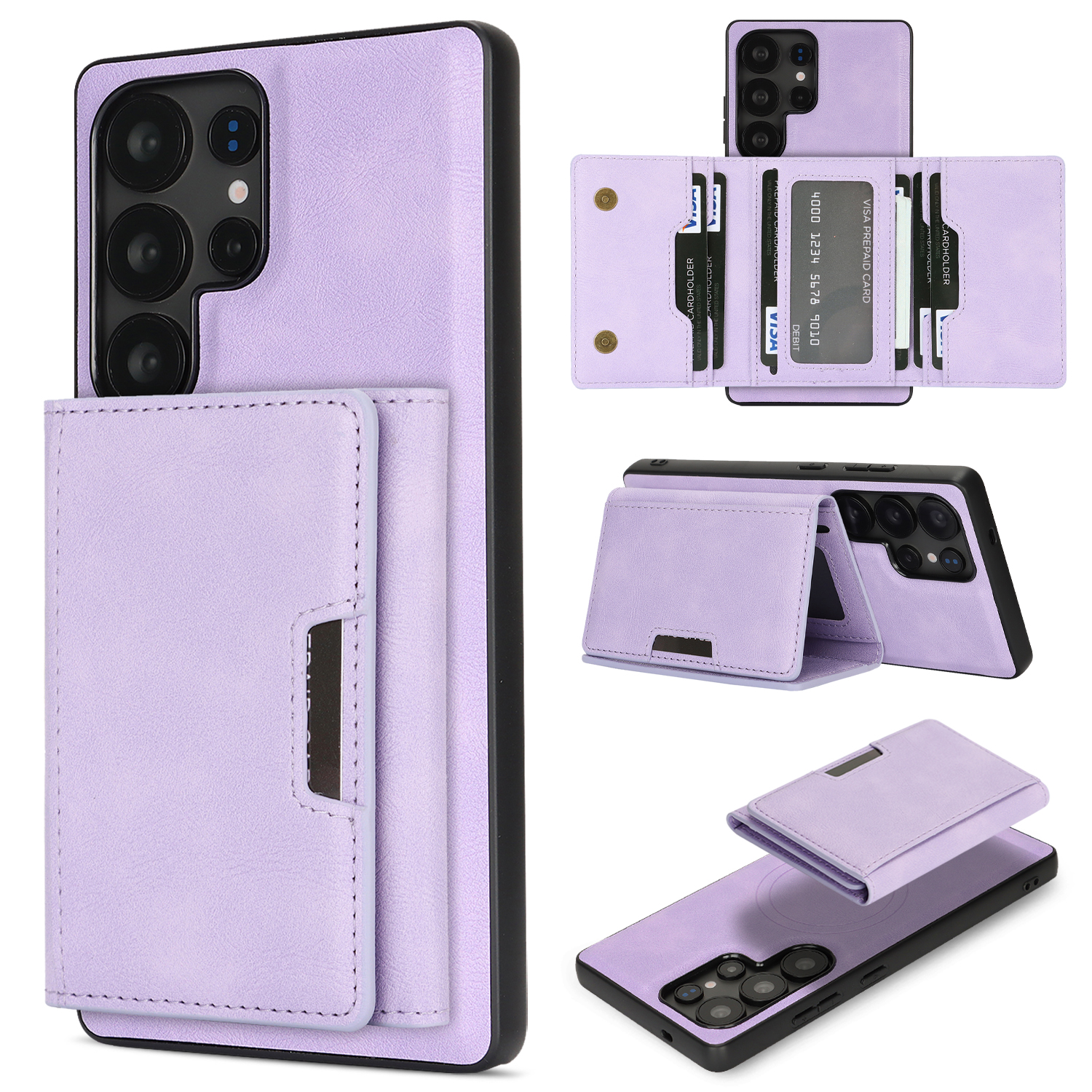 For Samsung Galaxy S23 Ultra Kickstand Case Tri-fold Card Bag PU Leather Coated TPU Cover Magnetic Case - Purple