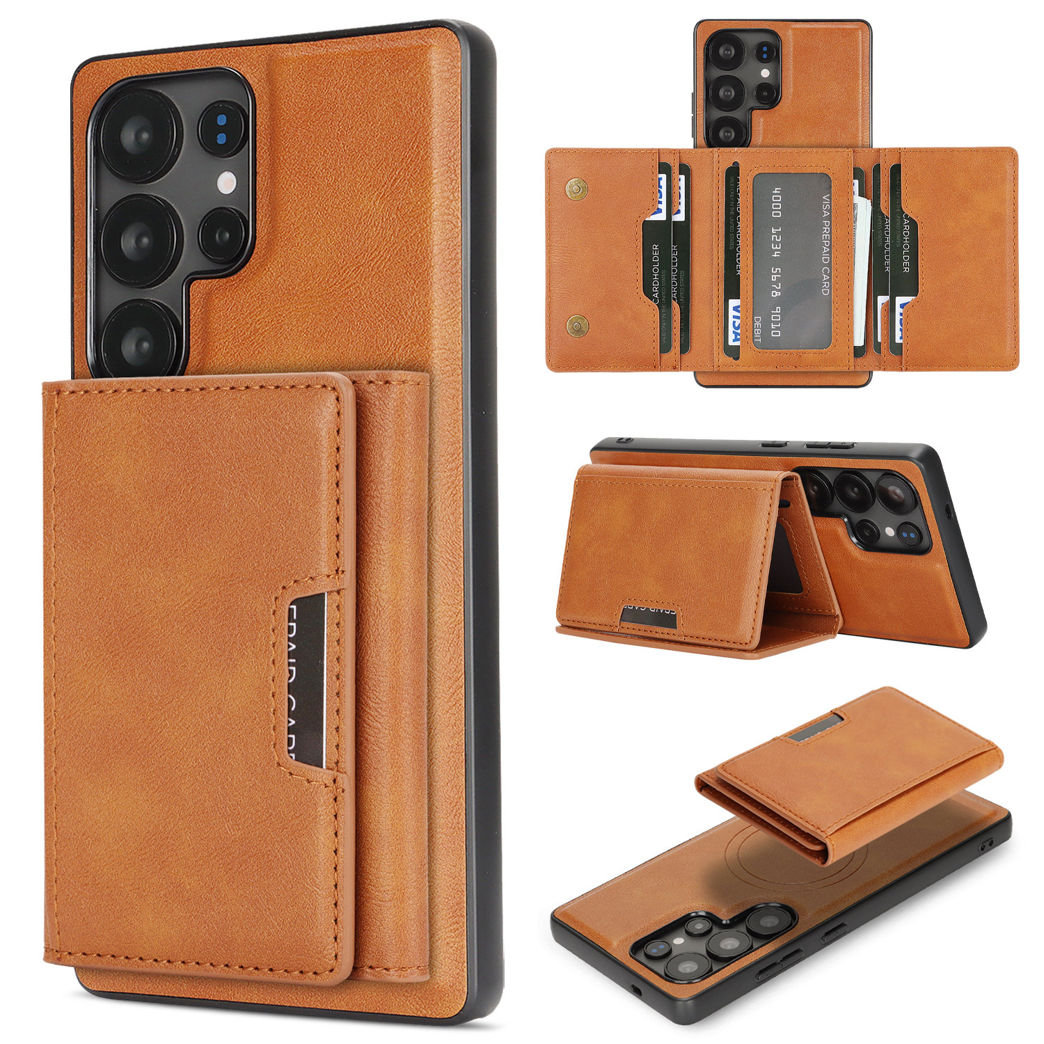 For Samsung Galaxy S23 Ultra Kickstand Case Tri-fold Card Bag PU Leather Coated TPU Cover Magnetic Case - Brown