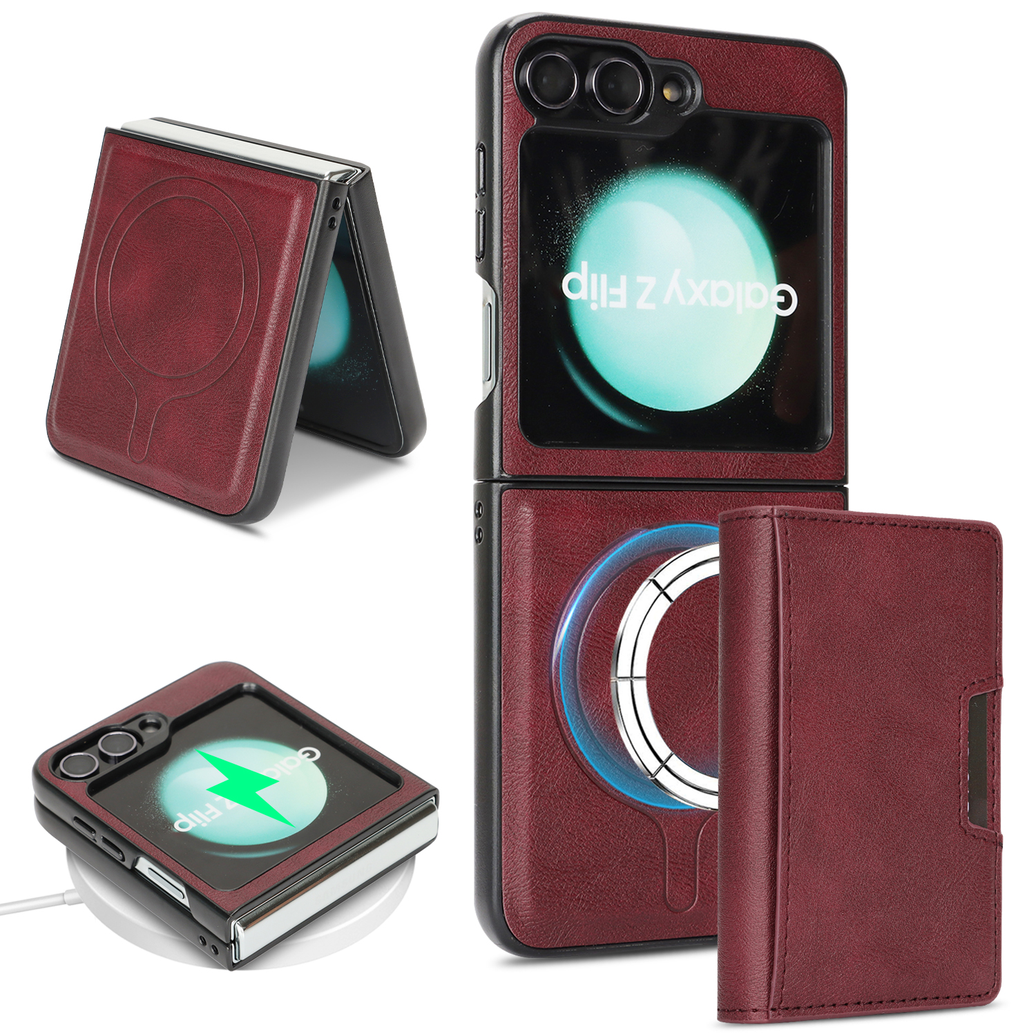 For Samsung Galaxy Z Flip6 5G Kickstand Case Tri-fold Card Bag PU Leather Coated TPU Cover Magnetic Case - Red