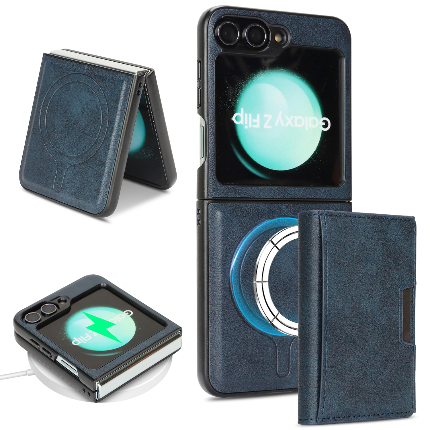 For Samsung Galaxy Z Flip6 5G Kickstand Case Tri-fold Card Bag PU Leather Coated TPU Cover Magnetic Case - Blue