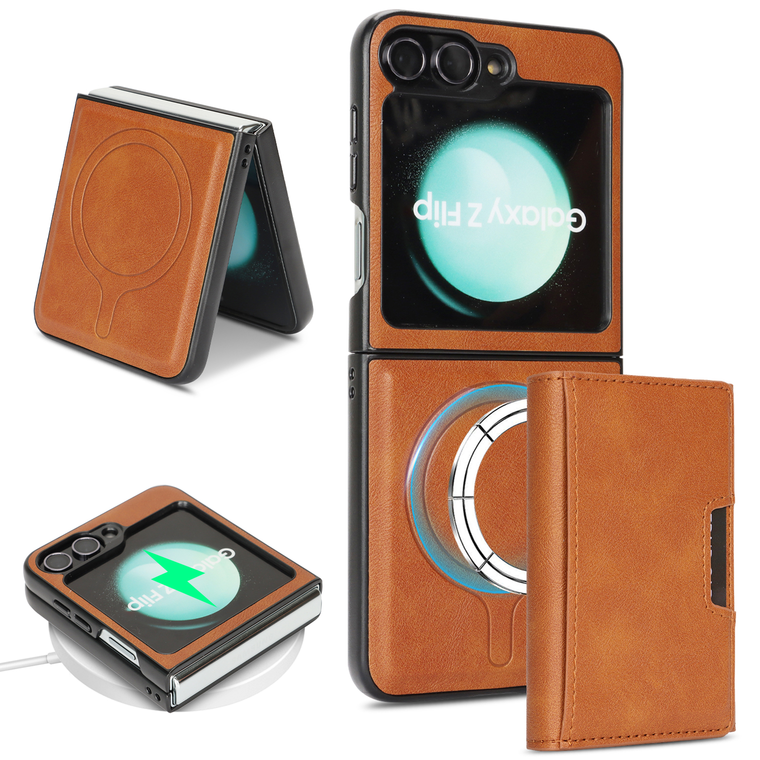 For Samsung Galaxy Z Flip6 5G Kickstand Case Tri-fold Card Bag PU Leather Coated TPU Cover Magnetic Case - Brown