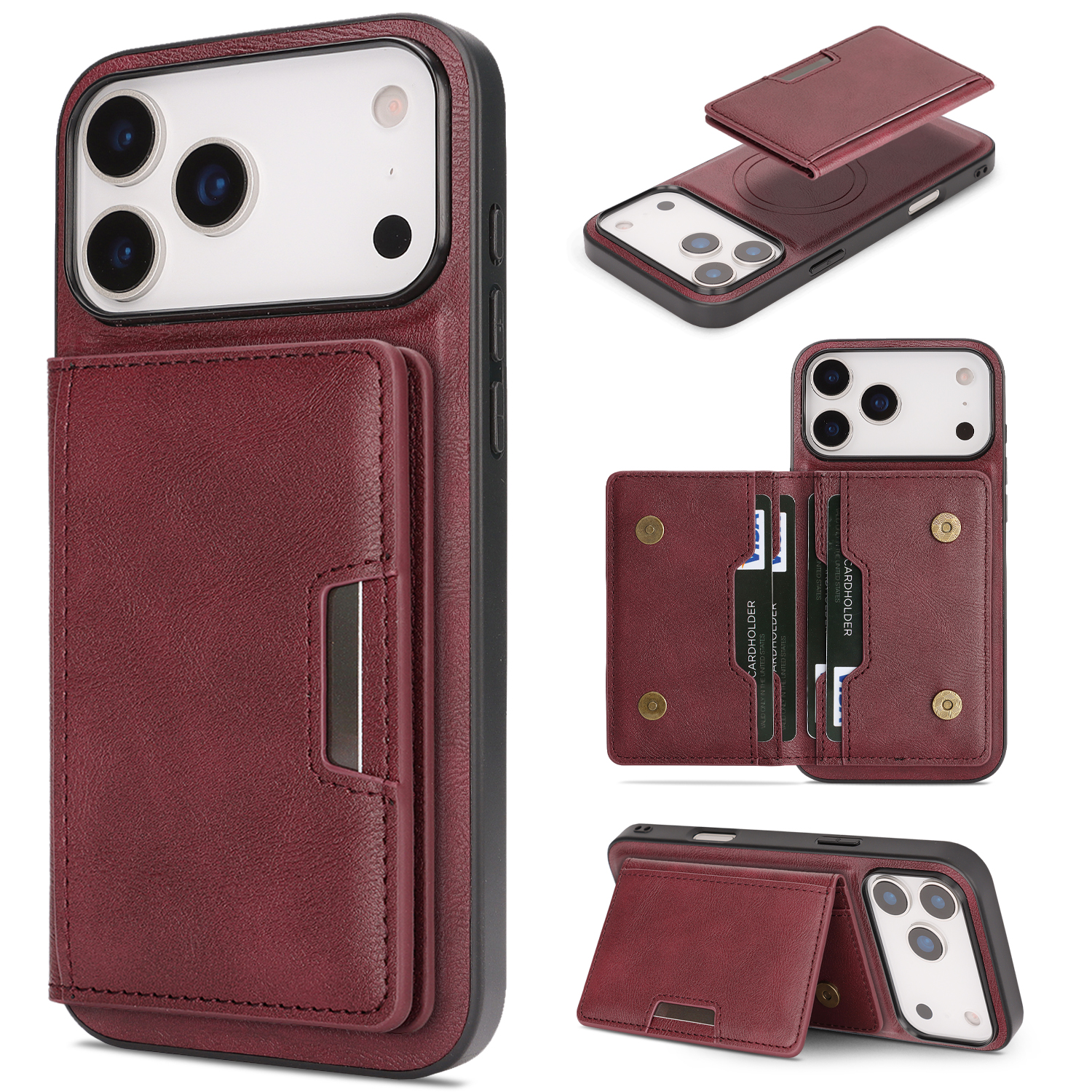For iPhone 17 Pro Max Kickstand Case Bi-fold Card Bag PU Leather Coated TPU Cover Compatible with MagSafe - Red
