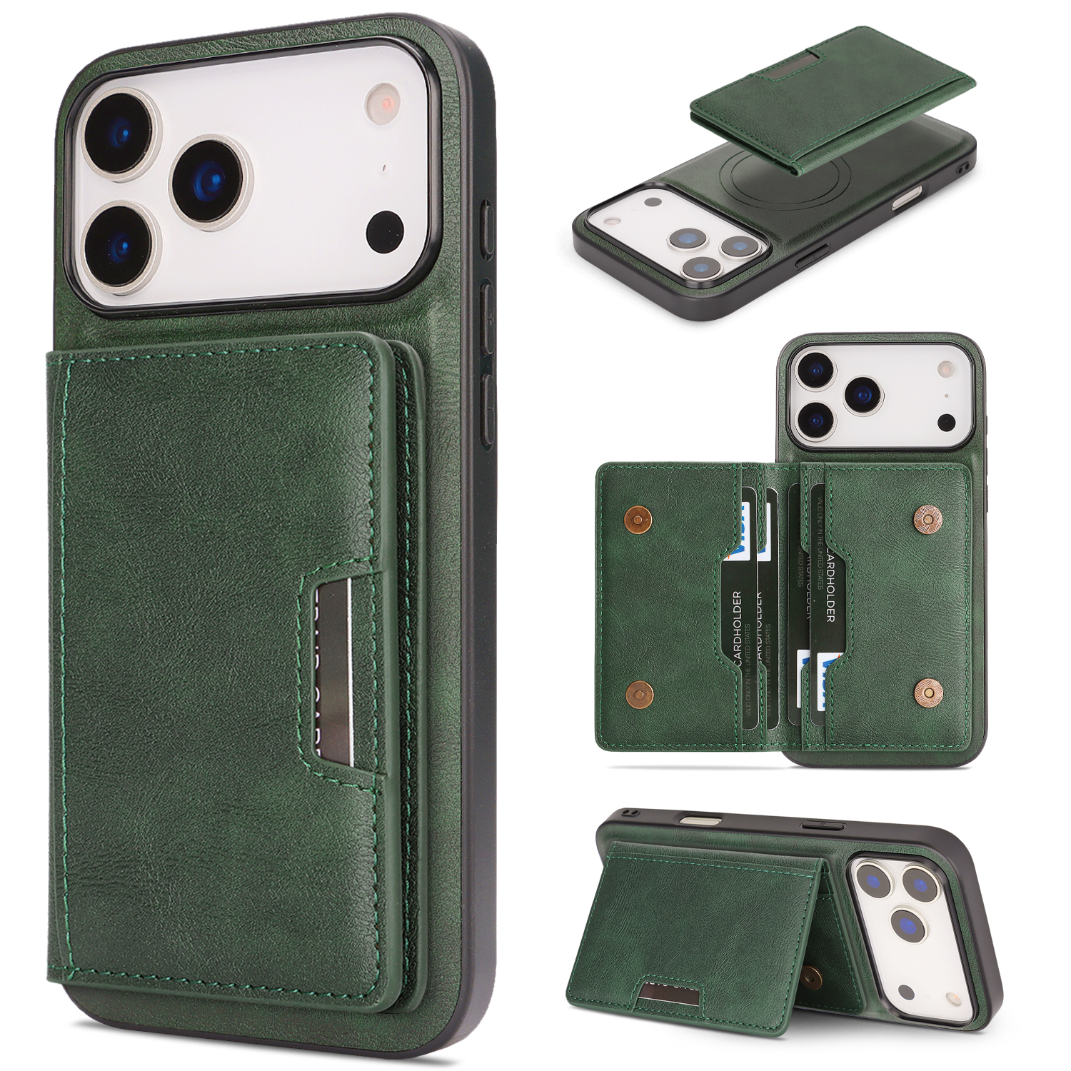 For iPhone 17 Pro Max Kickstand Case Bi-fold Card Bag PU Leather Coated TPU Cover Compatible with MagSafe - Green