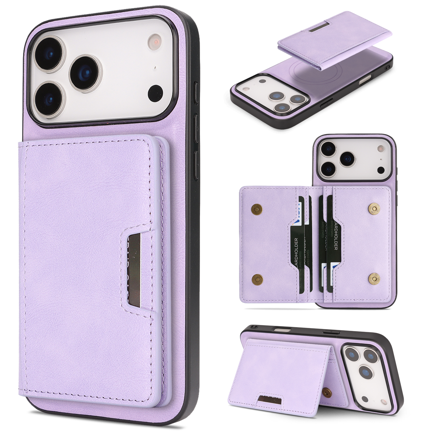 For iPhone 17 Pro Max Kickstand Case Bi-fold Card Bag PU Leather Coated TPU Cover Compatible with MagSafe - Purple