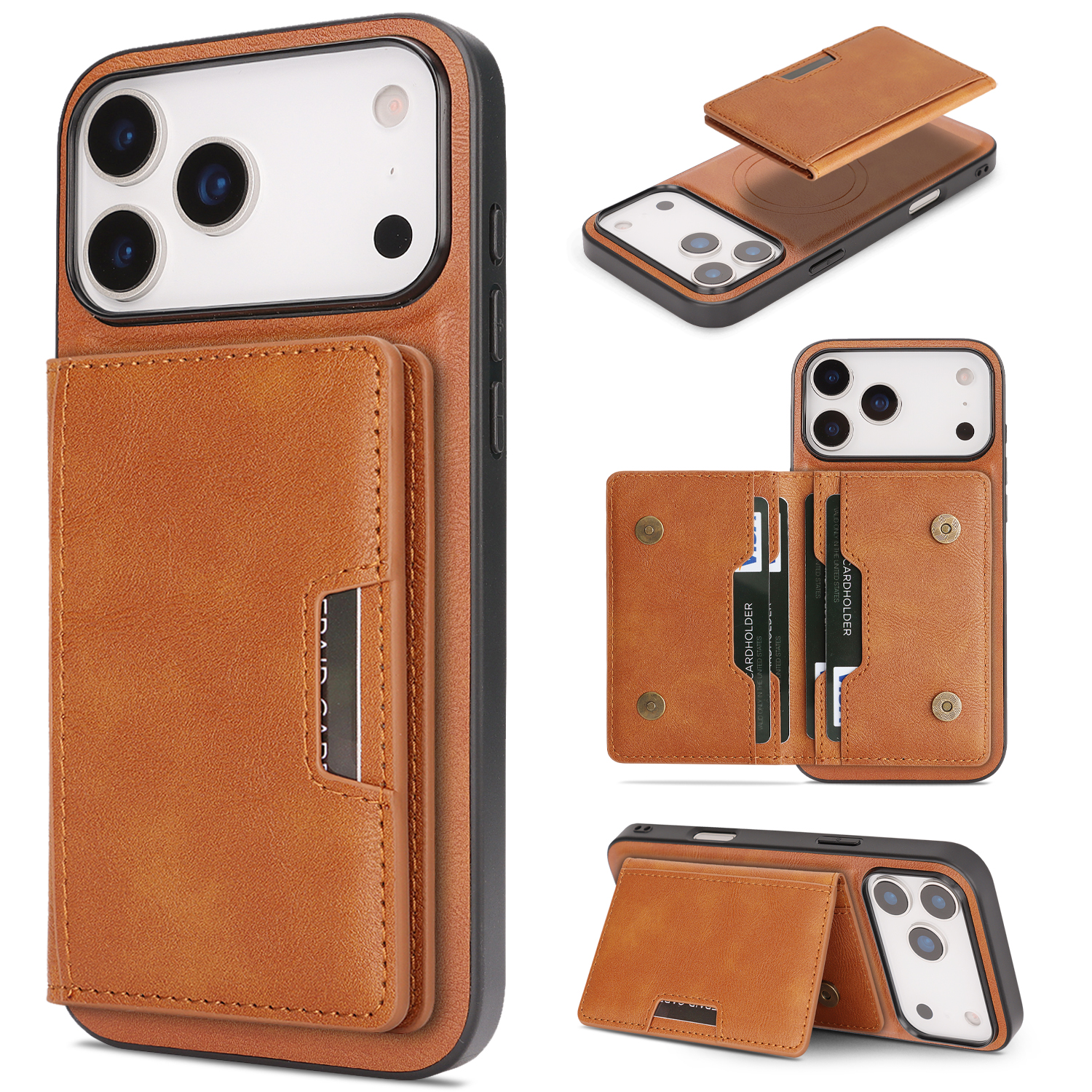 For iPhone 17 Pro Max Kickstand Case Bi-fold Card Bag PU Leather Coated TPU Cover Compatible with MagSafe - Brown