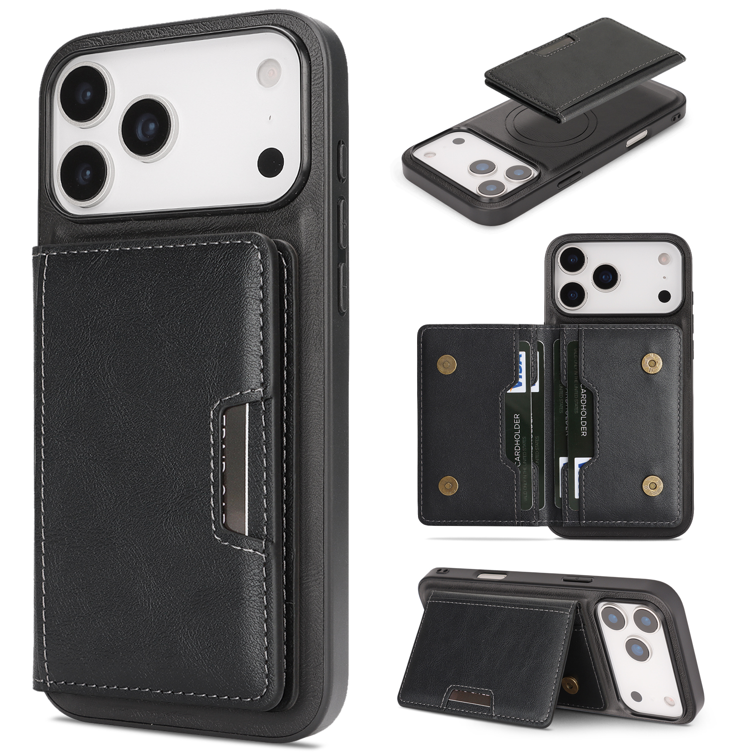 For iPhone 17 Pro Kickstand Case Bi-fold Card Bag PU Leather Coated TPU Cover Compatible with MagSafe - Black
