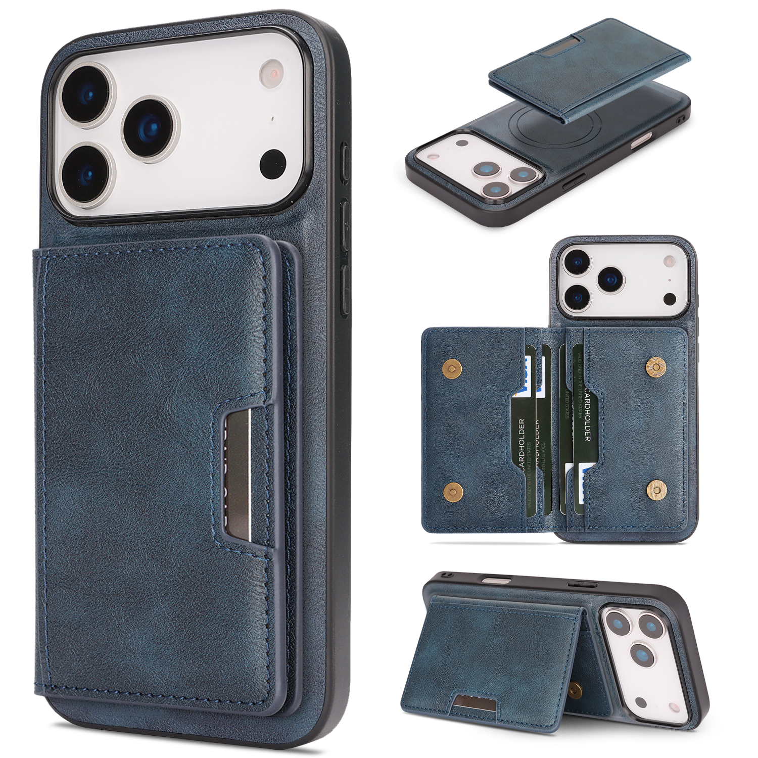 For iPhone 17 Pro Kickstand Case Bi-fold Card Bag PU Leather Coated TPU Cover Compatible with MagSafe - Blue