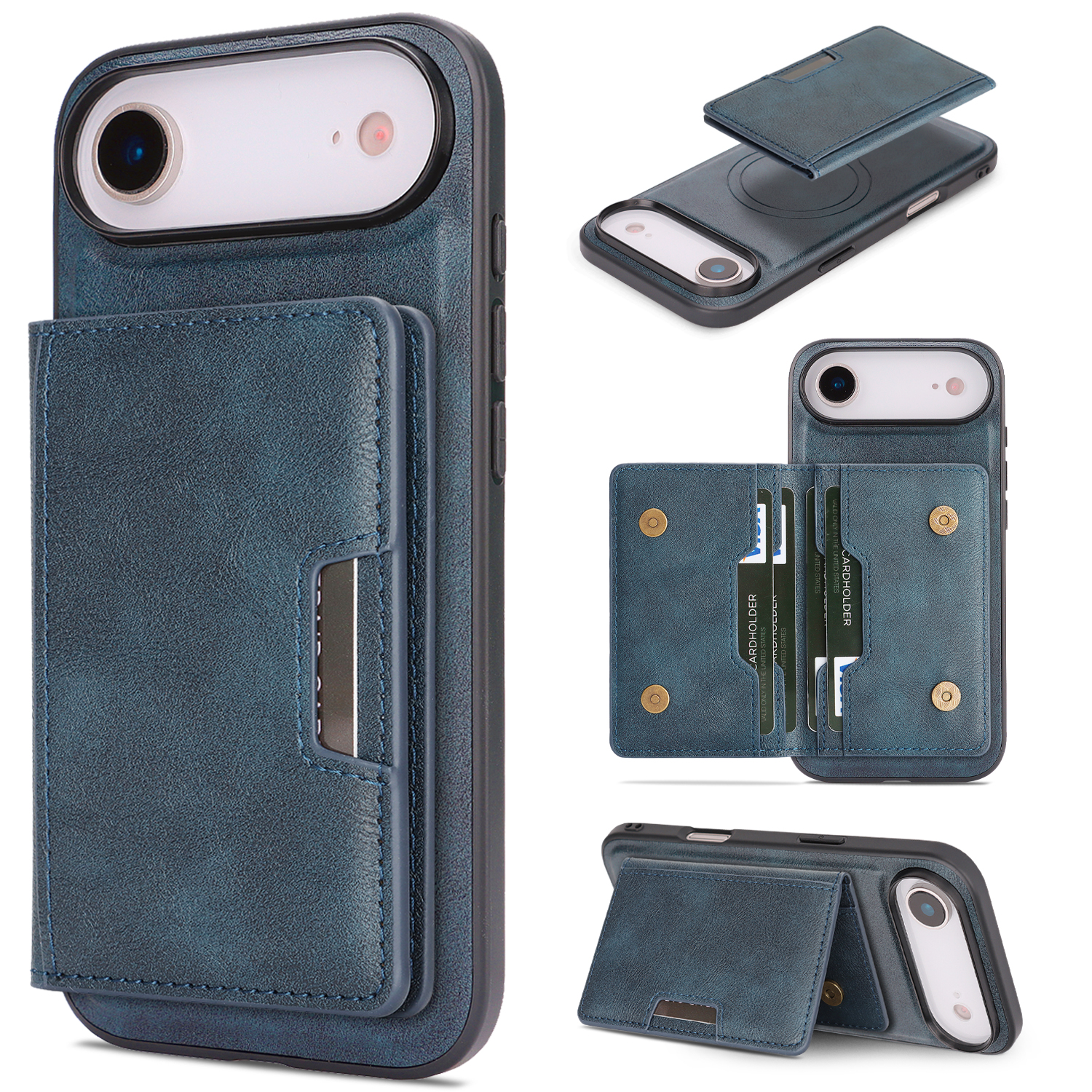 For iPhone Air Kickstand Case Bi-fold Card Bag PU Leather Coated TPU Cover Compatible with MagSafe - Blue