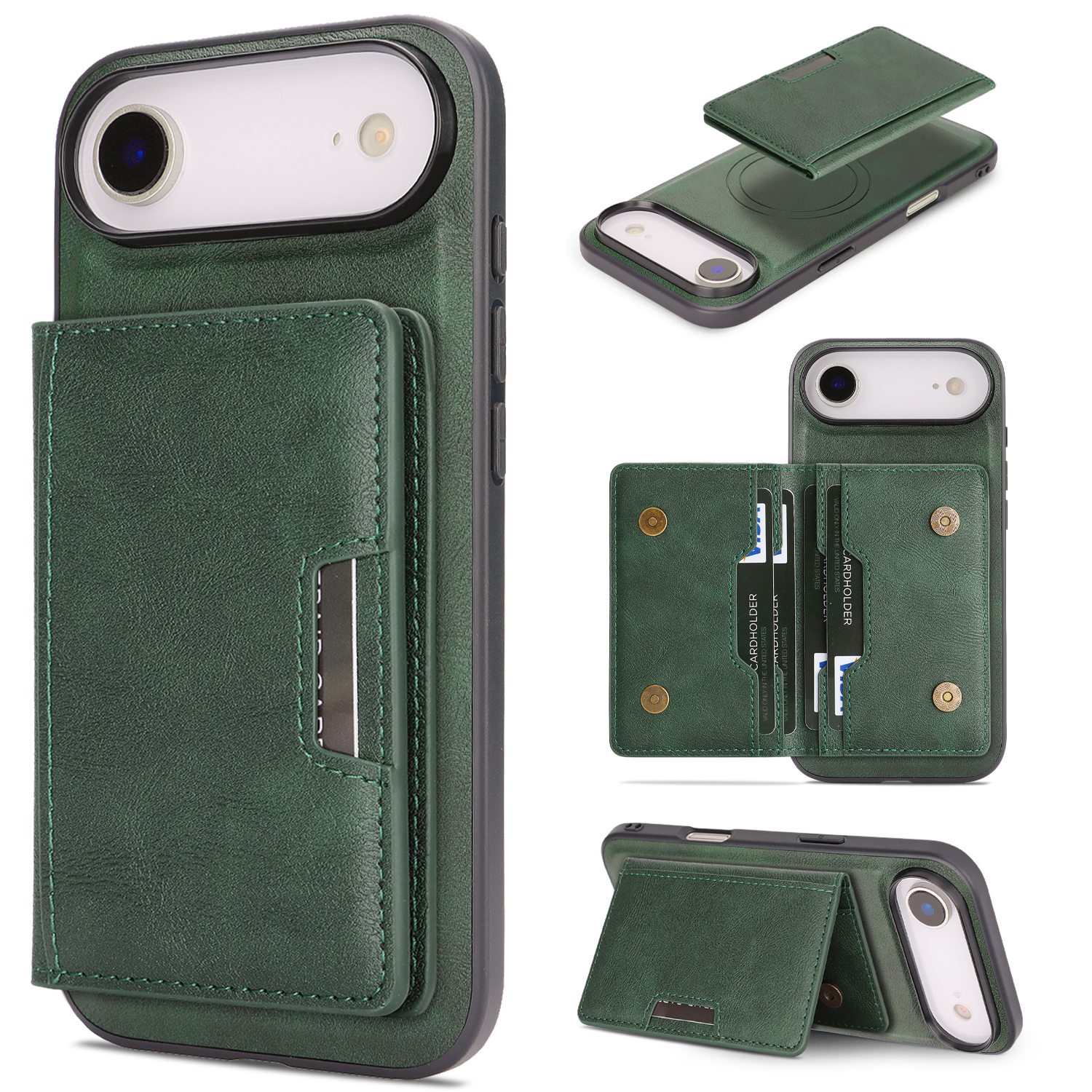 For iPhone Air Kickstand Case Bi-fold Card Bag PU Leather Coated TPU Cover Compatible with MagSafe - Green