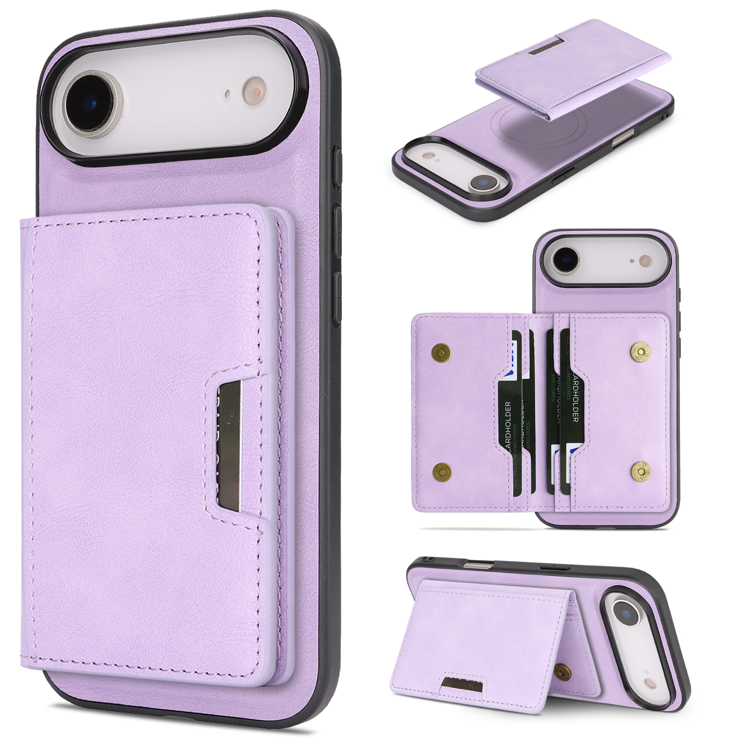 For iPhone Air Kickstand Case Bi-fold Card Bag PU Leather Coated TPU Cover Compatible with MagSafe - Purple