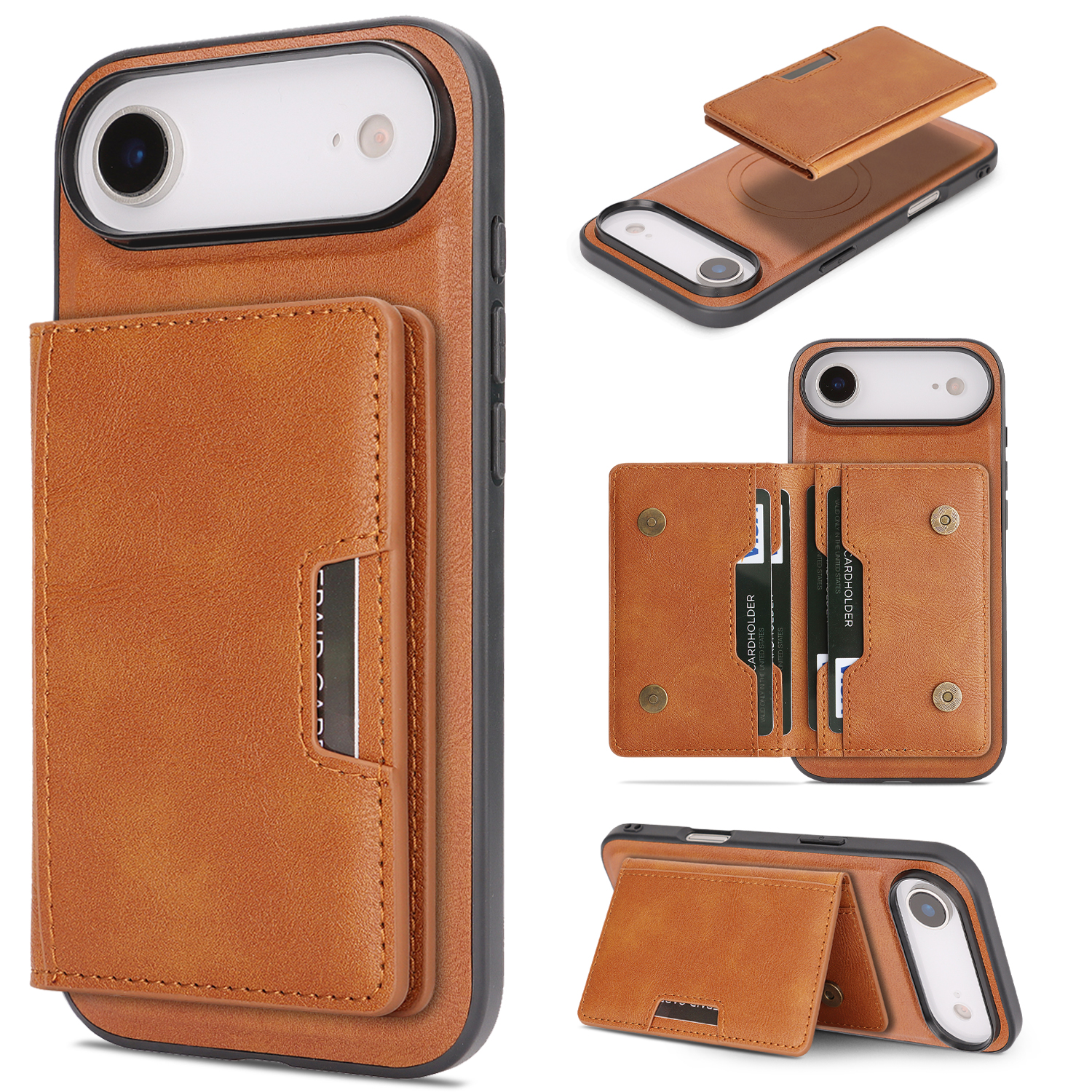 For iPhone Air Kickstand Case Bi-fold Card Bag PU Leather Coated TPU Cover Compatible with MagSafe - Brown