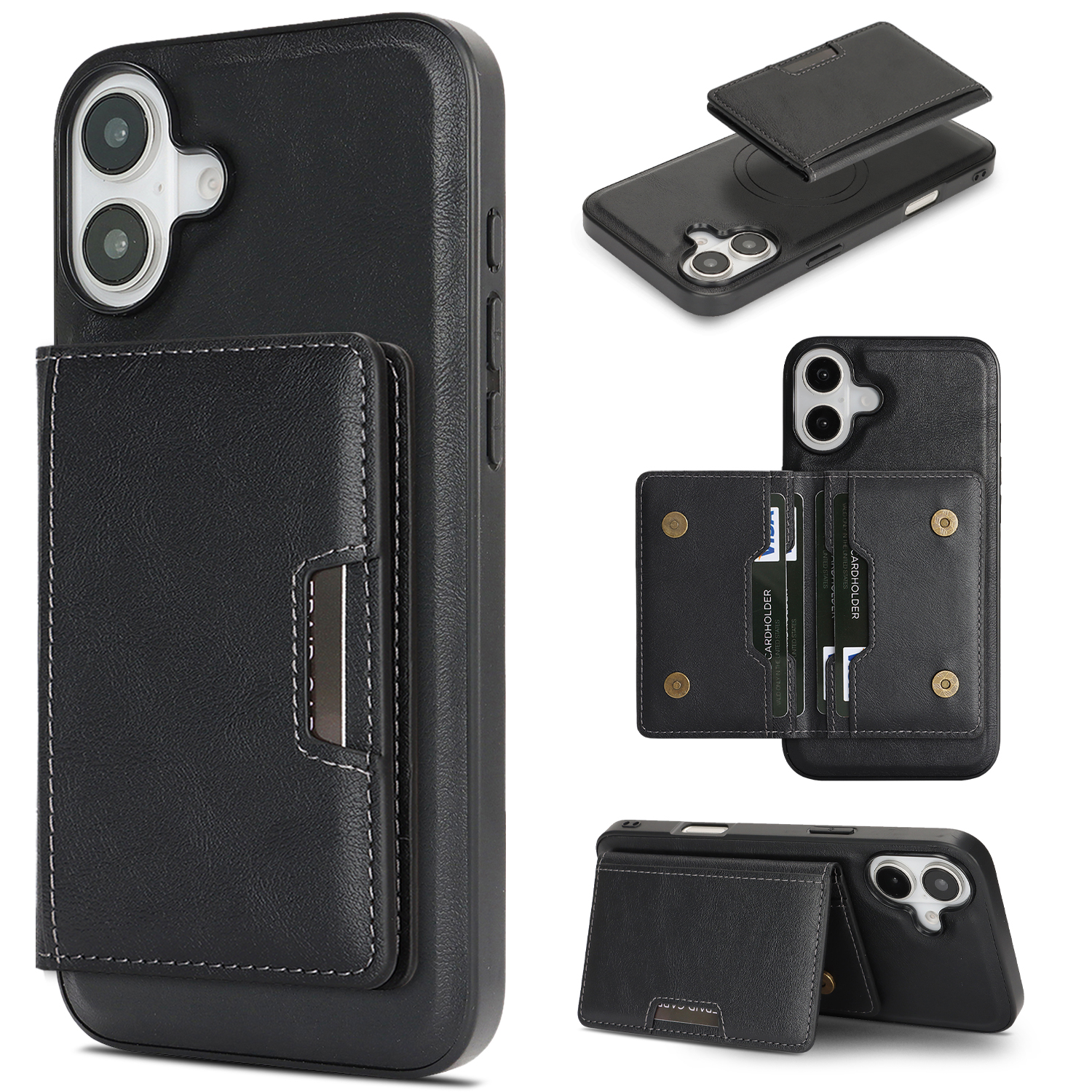For iPhone 16 Kickstand Case Bi-fold Card Bag PU Leather Coated TPU Cover Compatible with MagSafe - Black