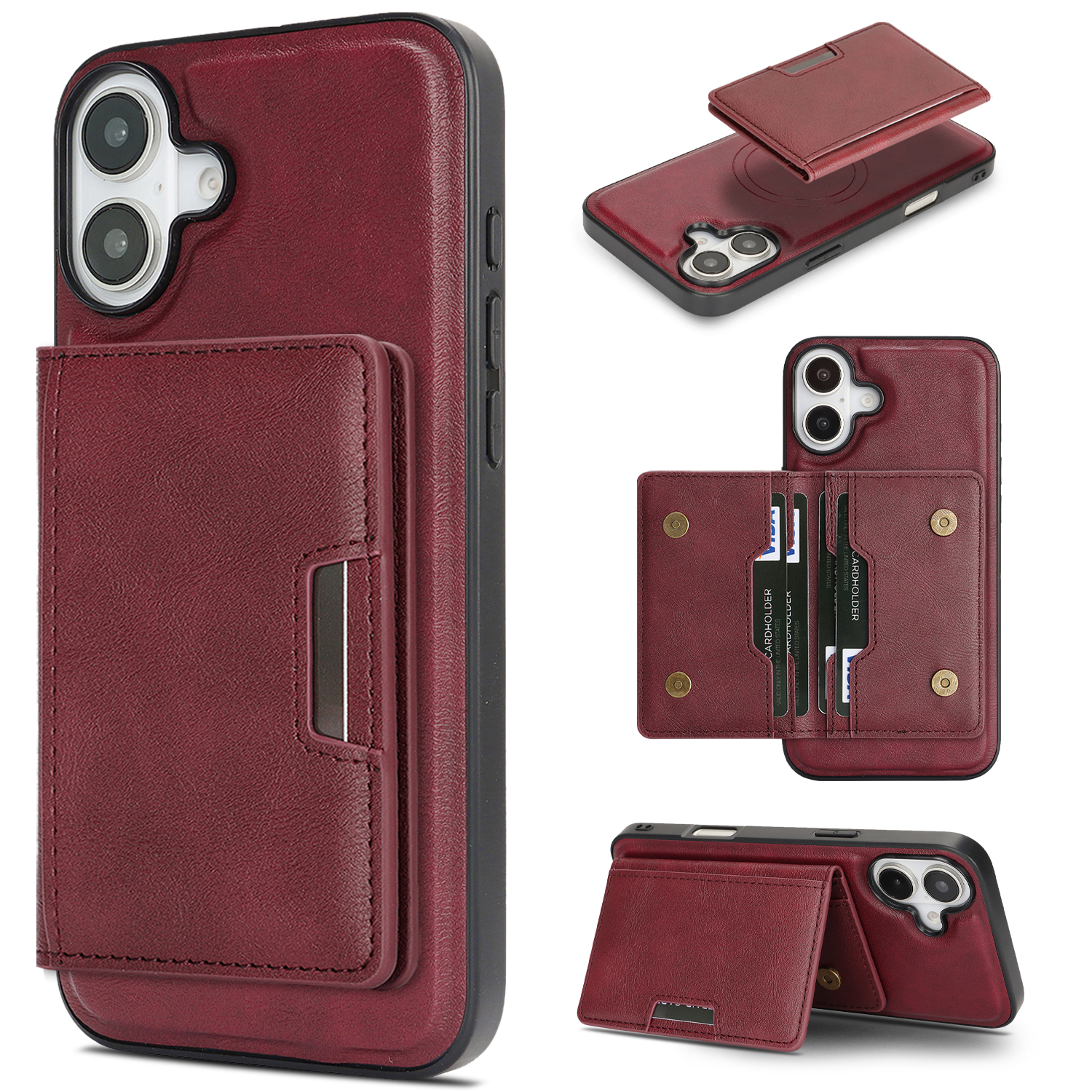 For iPhone 16 Kickstand Case Bi-fold Card Bag PU Leather Coated TPU Cover Compatible with MagSafe - Red
