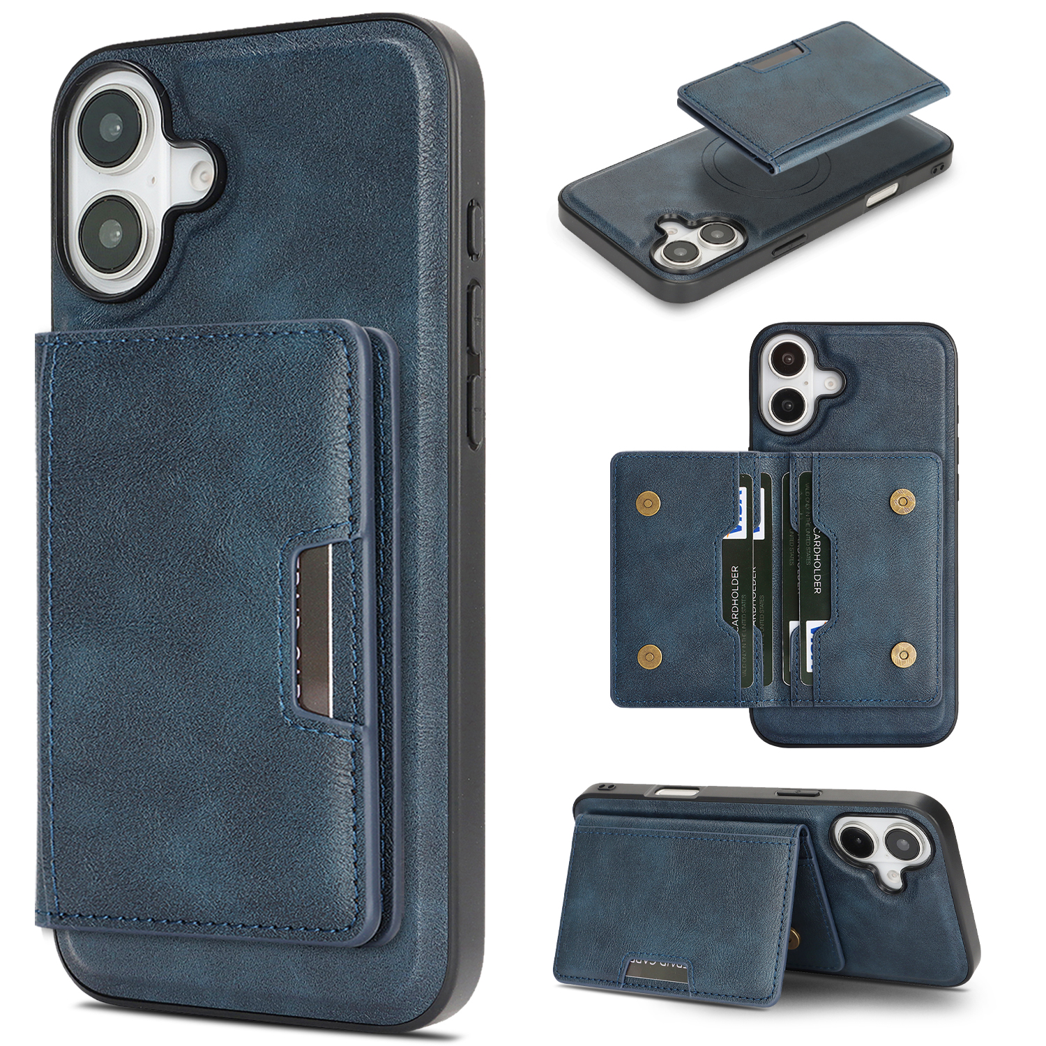For iPhone 16 Kickstand Case Bi-fold Card Bag PU Leather Coated TPU Cover Compatible with MagSafe - Blue