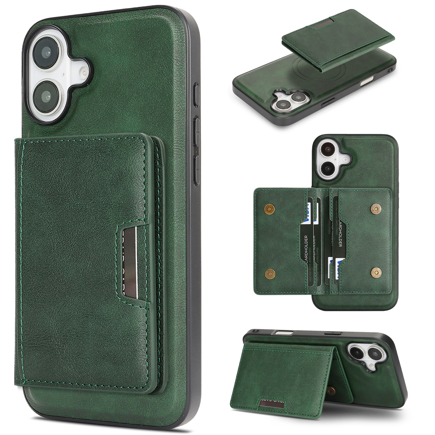 For iPhone 16 Kickstand Case Bi-fold Card Bag PU Leather Coated TPU Cover Compatible with MagSafe - Green