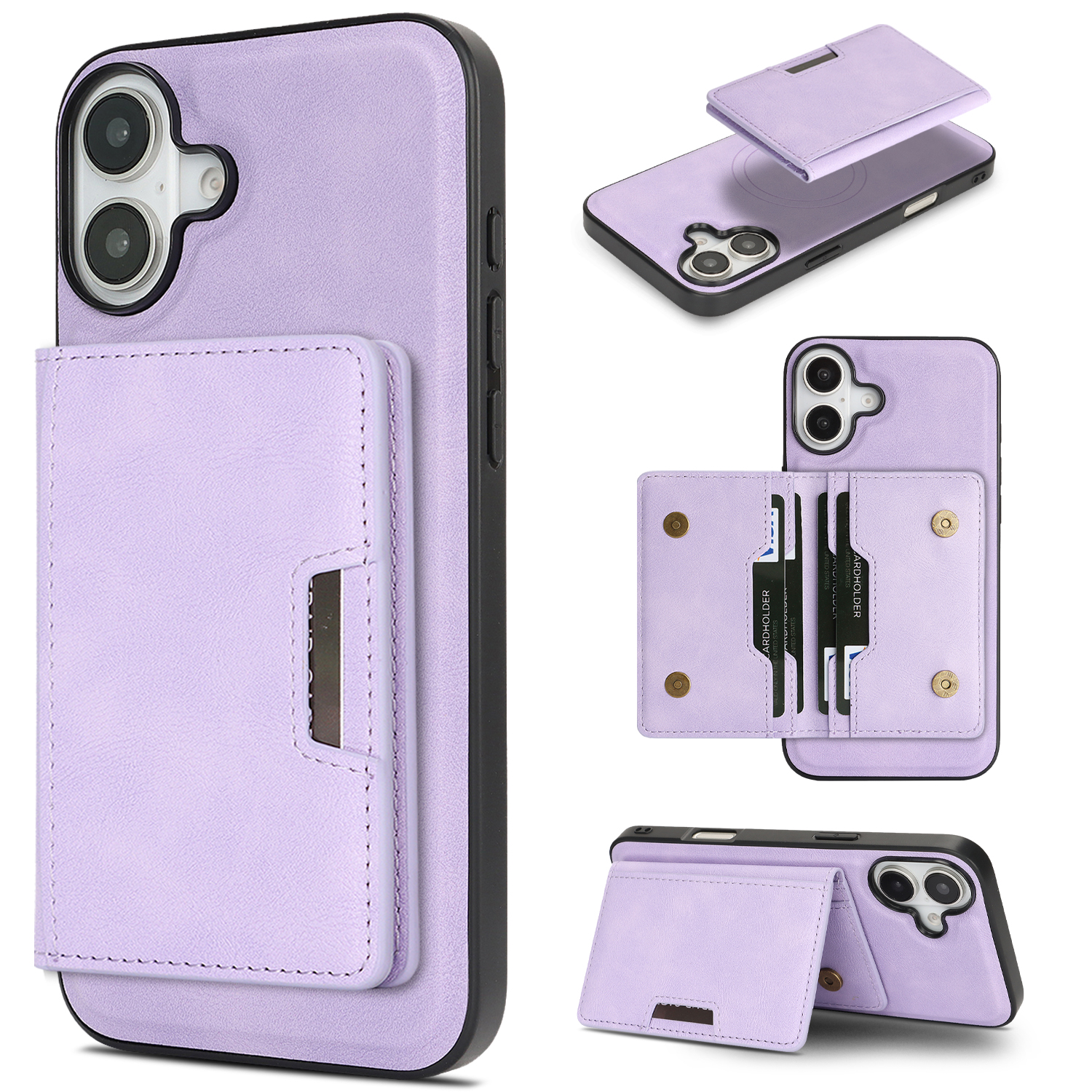 For iPhone 16 Kickstand Case Bi-fold Card Bag PU Leather Coated TPU Cover Compatible with MagSafe - Purple