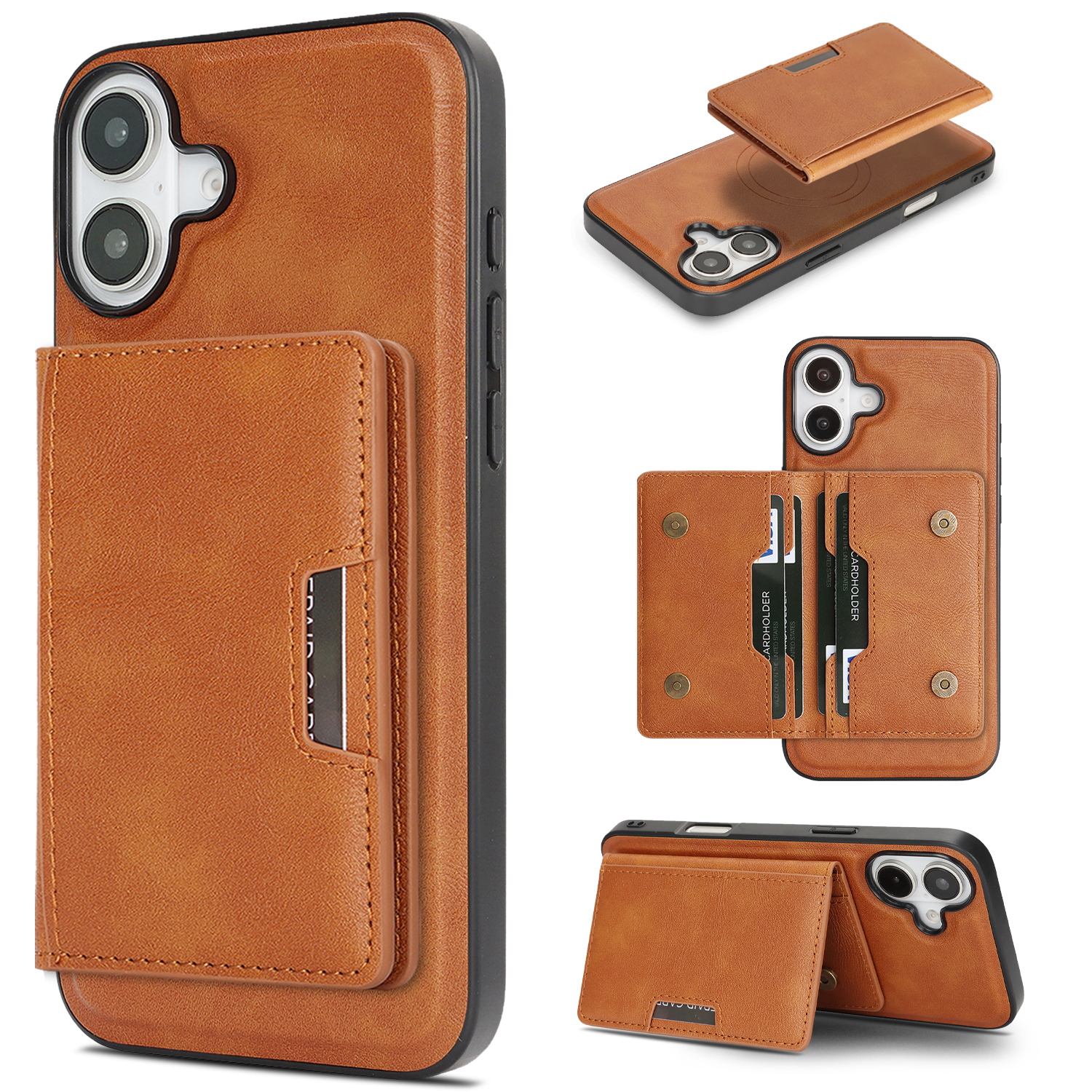 For iPhone 16 Kickstand Case Bi-fold Card Bag PU Leather Coated TPU Cover Compatible with MagSafe - Brown