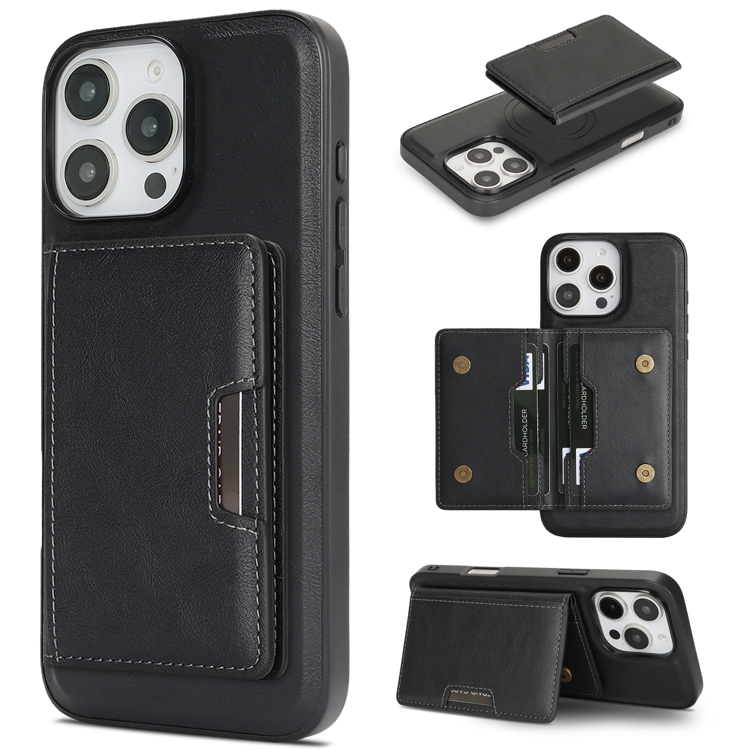 For iPhone 14 Pro Kickstand Case Bi-fold Card Bag PU Leather Coated TPU Cover Compatible with MagSafe - Black