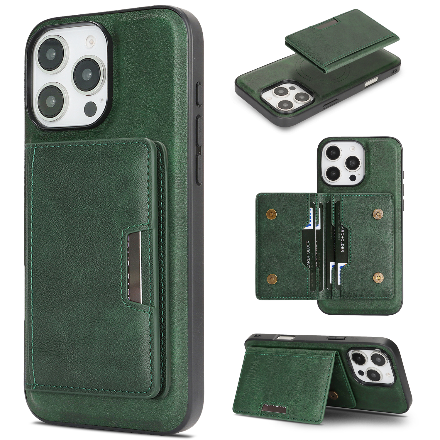 For iPhone 15 Pro Kickstand Case Bi-fold Card Bag PU Leather Coated TPU Cover Compatible with MagSafe - Green
