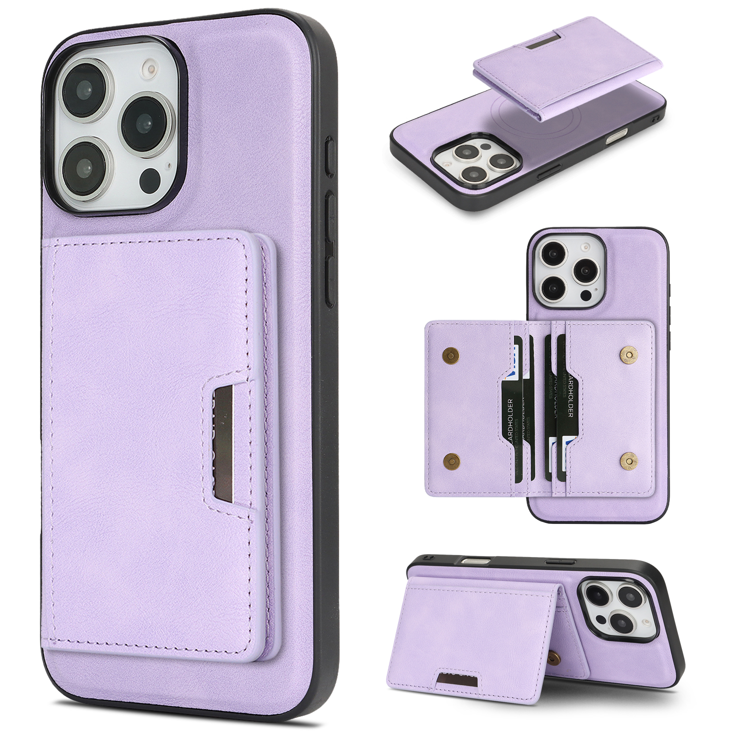 For iPhone 15 Pro Kickstand Case Bi-fold Card Bag PU Leather Coated TPU Cover Compatible with MagSafe - Purple