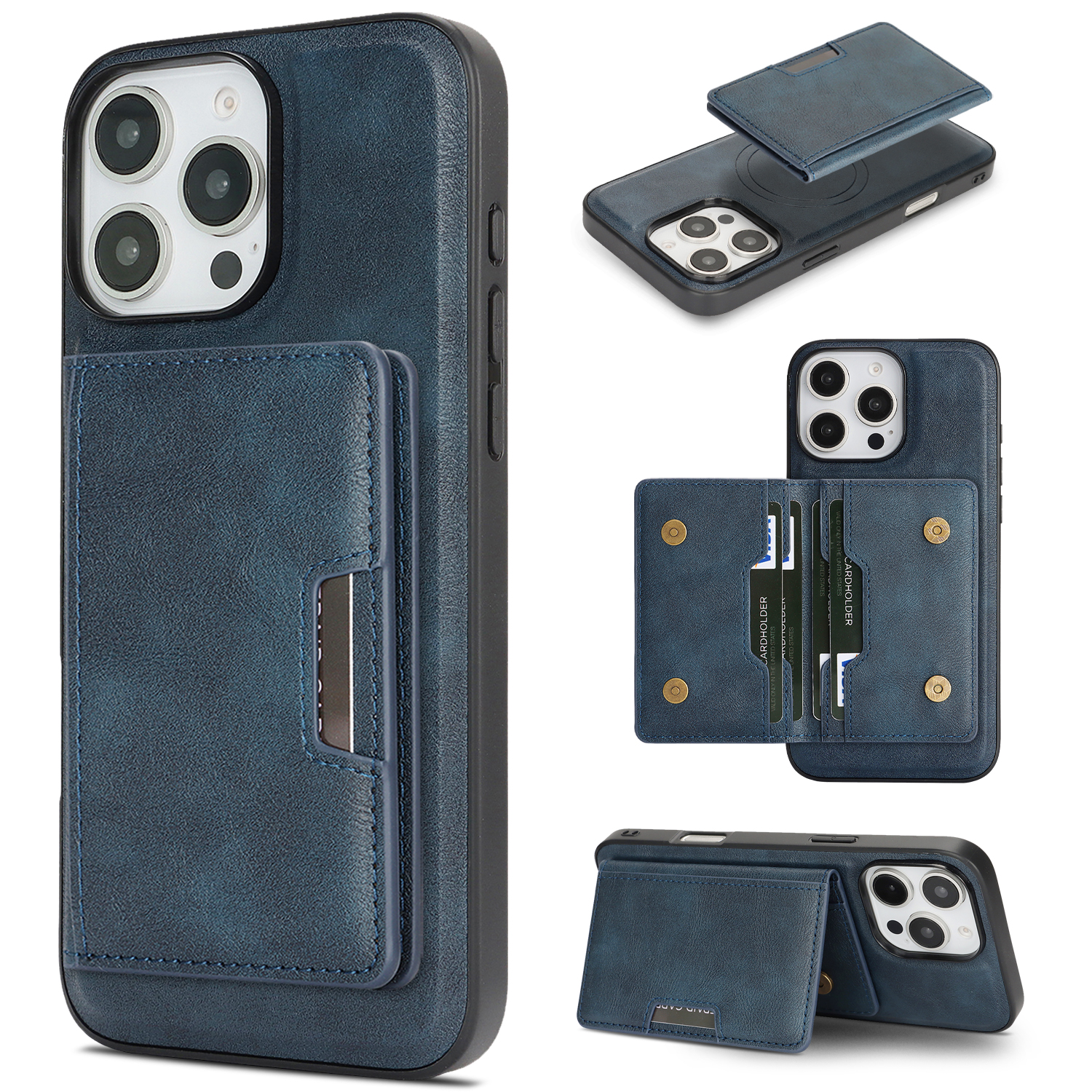 For iPhone 13 Pro Max Kickstand Case Bi-fold Card Bag PU Leather Coated TPU Cover Compatible with MagSafe - Blue
