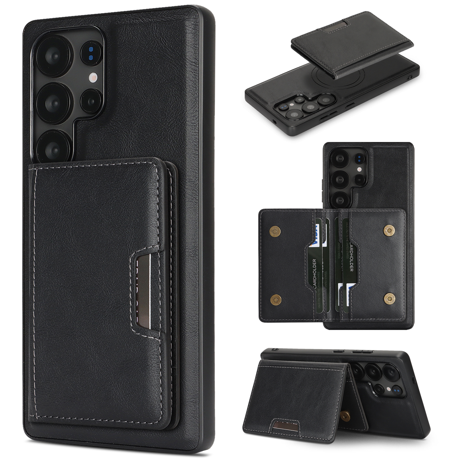 For Samsung Galaxy S23 Ultra Kickstand Case Bi-fold Card Bag PU Leather Coated TPU Cover Magnetic Case - Black