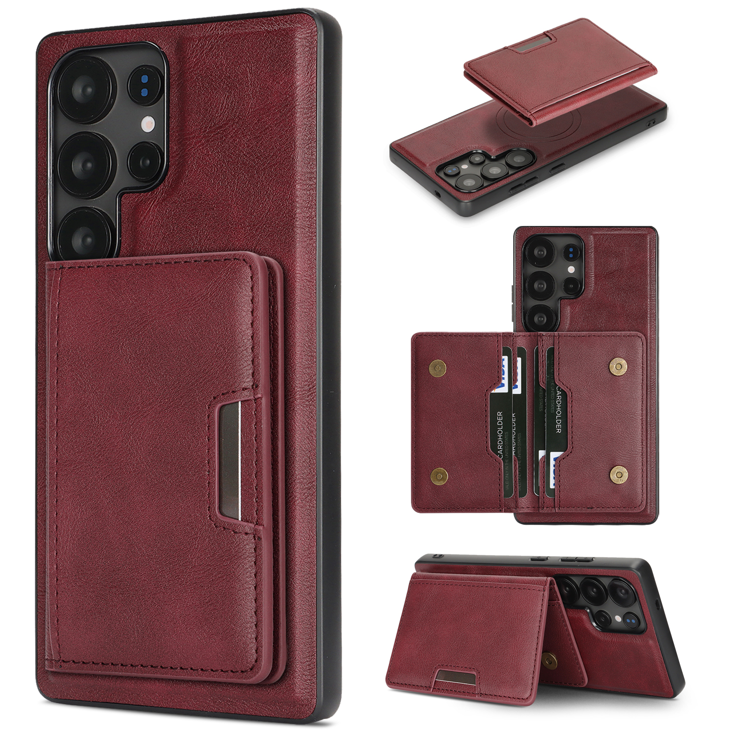 For Samsung Galaxy S23 Ultra Kickstand Case Bi-fold Card Bag PU Leather Coated TPU Cover Magnetic Case - Red