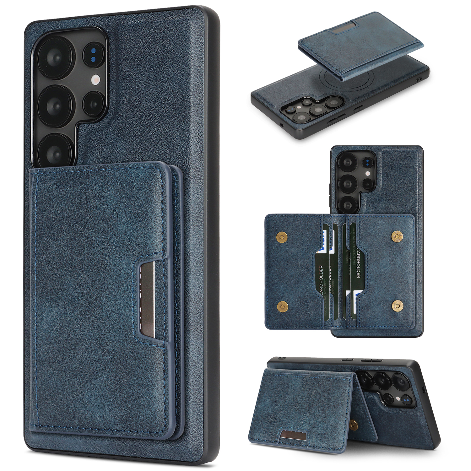 For Samsung Galaxy S23 Ultra Kickstand Case Bi-fold Card Bag PU Leather Coated TPU Cover Magnetic Case - Blue