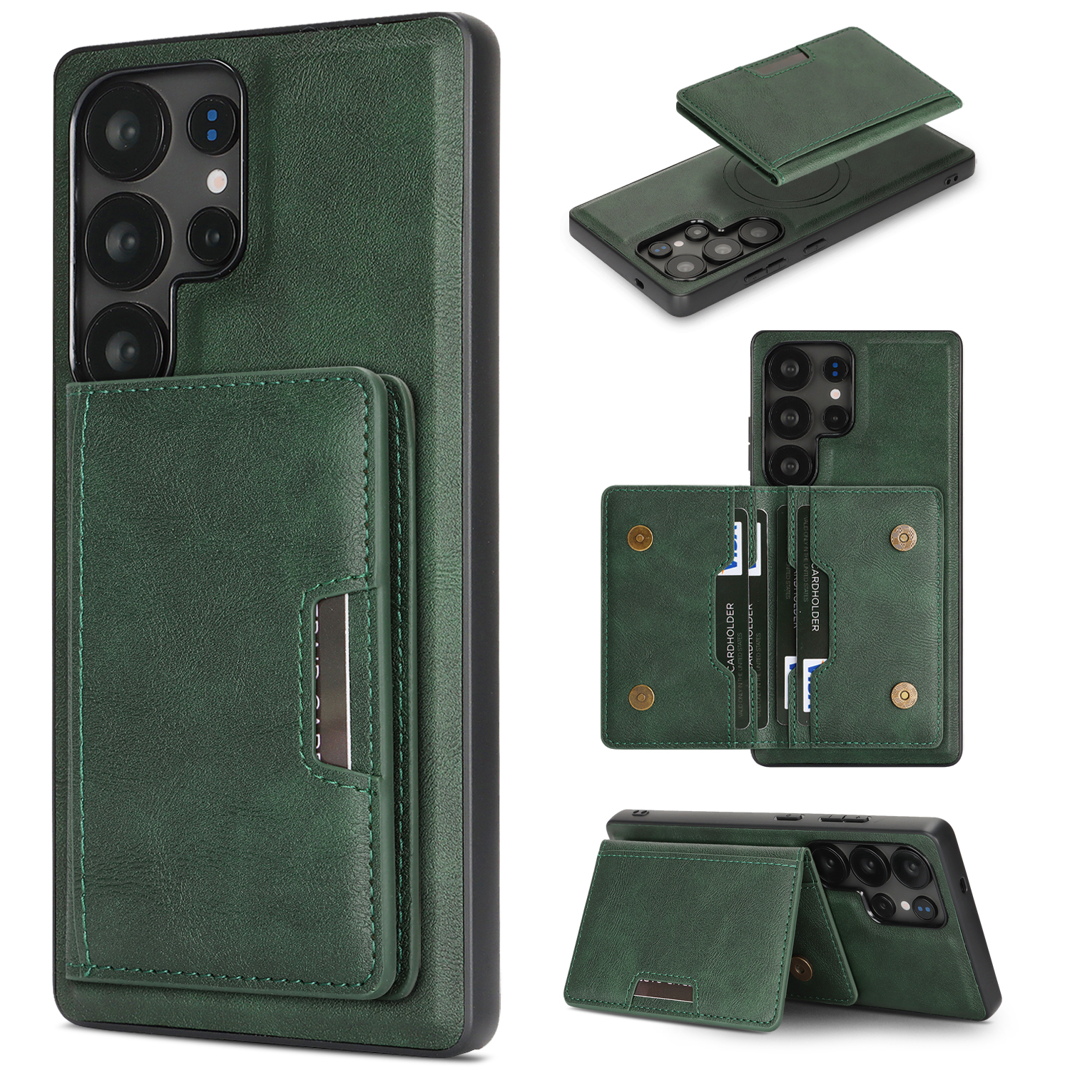 For Samsung Galaxy S23 Ultra Kickstand Case Bi-fold Card Bag PU Leather Coated TPU Cover Magnetic Case - Green