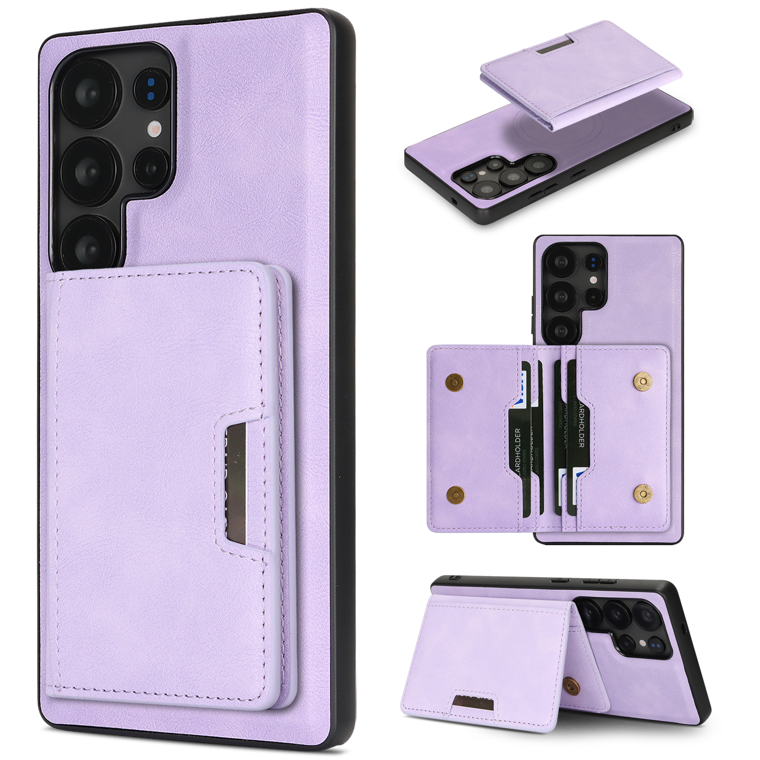 For Samsung Galaxy S23 Ultra Kickstand Case Bi-fold Card Bag PU Leather Coated TPU Cover Magnetic Case - Purple