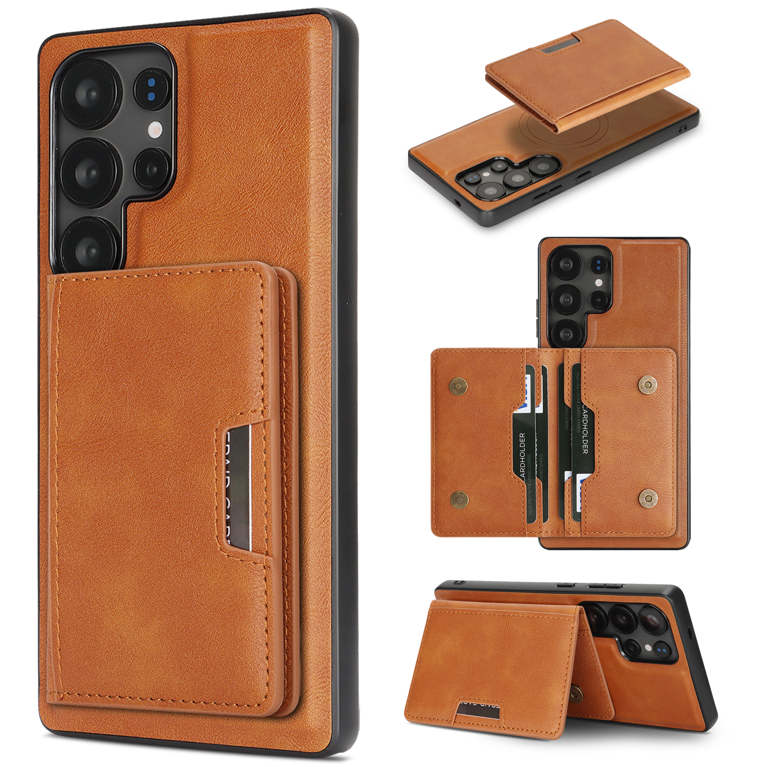 For Samsung Galaxy S23 Ultra Kickstand Case Bi-fold Card Bag PU Leather Coated TPU Cover Magnetic Case - Brown