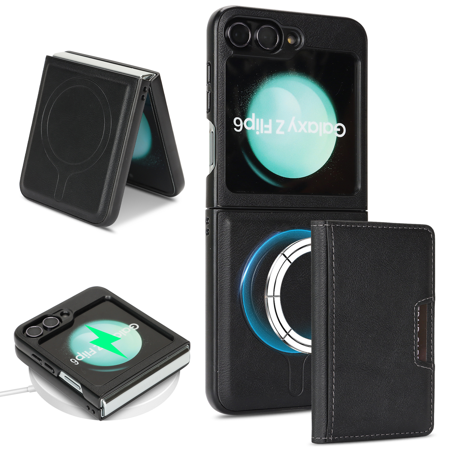 For Samsung Galaxy Z Flip6 5G Kickstand Case Bi-fold Card Bag PU Leather Coated TPU Cover Magnetic Case - Black