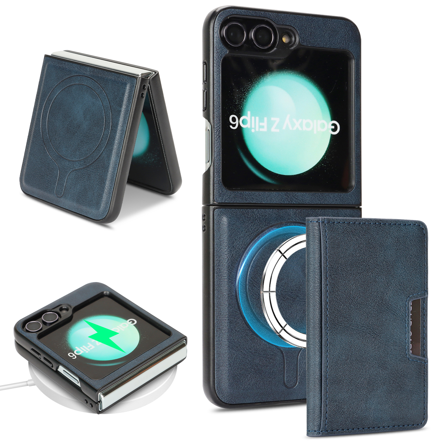 For Samsung Galaxy Z Flip6 5G Kickstand Case Bi-fold Card Bag PU Leather Coated TPU Cover Magnetic Case - Blue