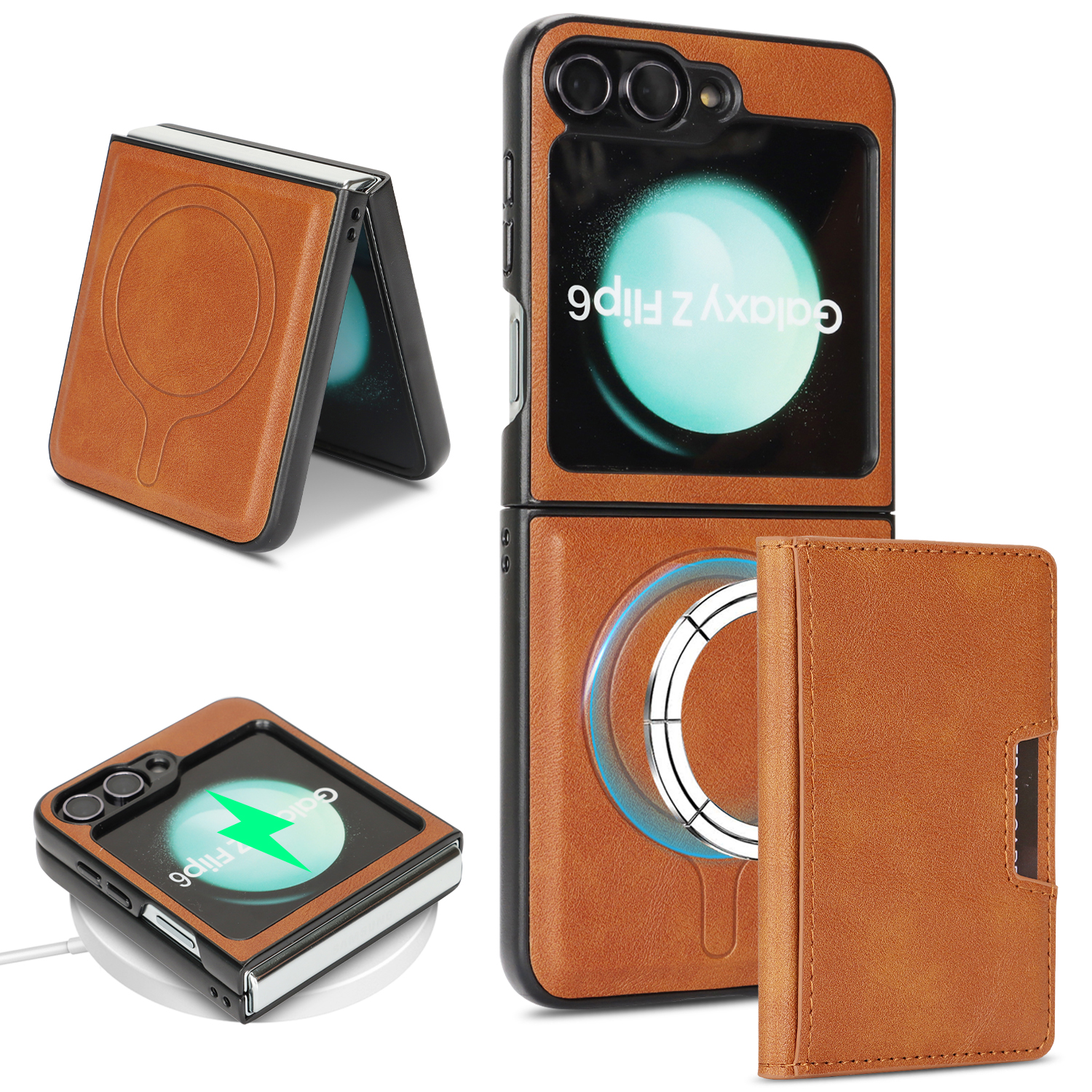 For Samsung Galaxy Z Flip6 5G Kickstand Case Bi-fold Card Bag PU Leather Coated TPU Cover Magnetic Case - Brown