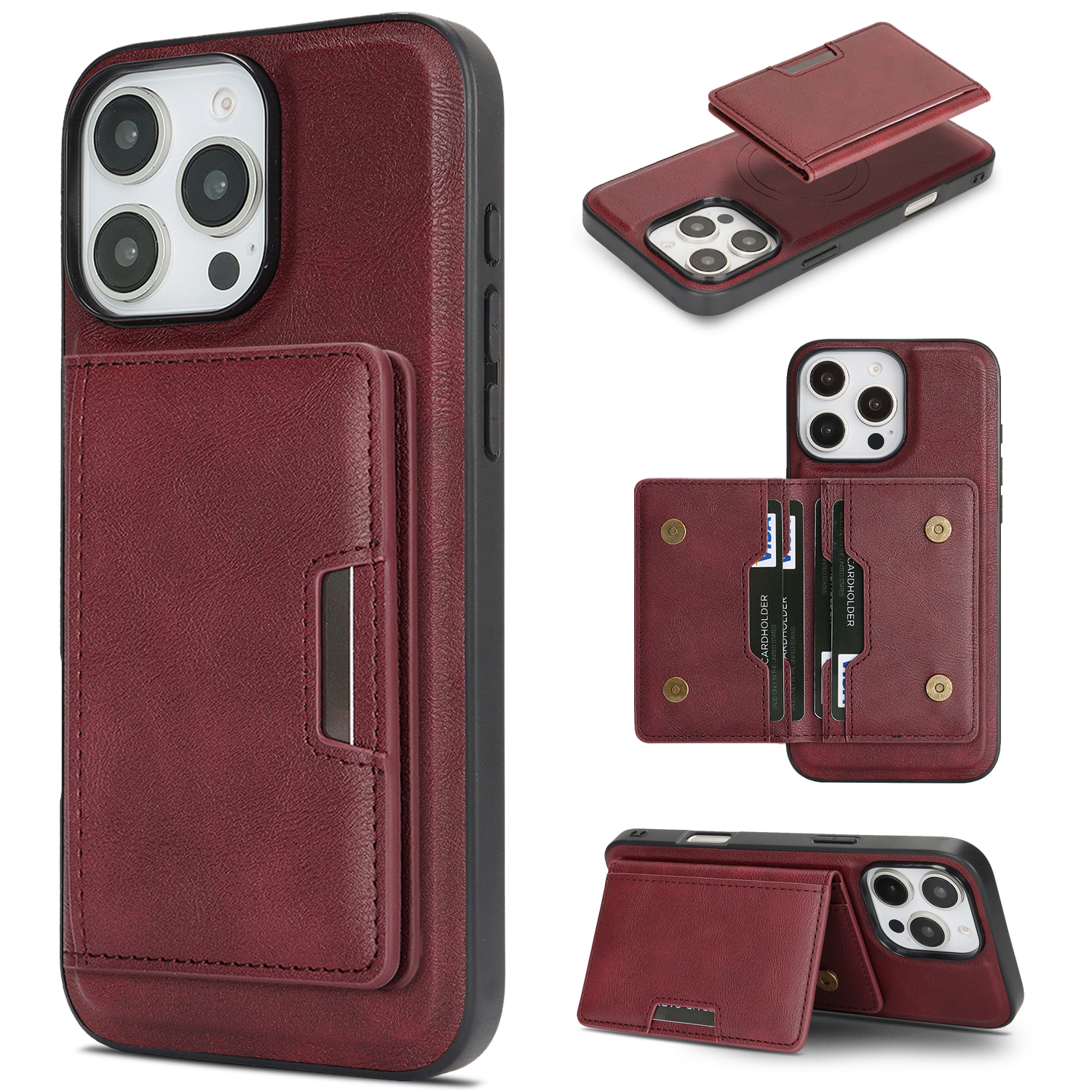 For iPhone 13 Pro Kickstand Case Bi-fold Card Bag PU Leather Coated TPU Cover Compatible with MagSafe - Red