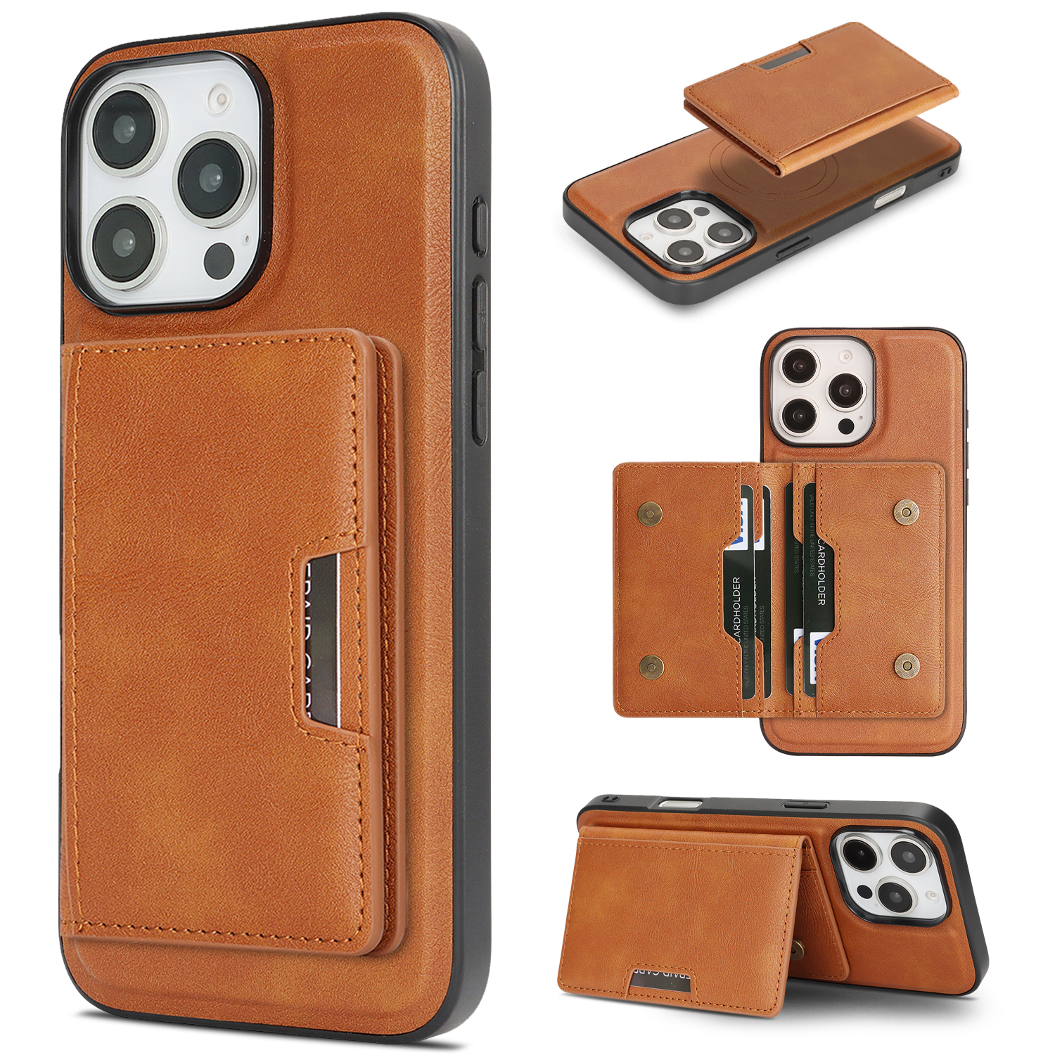 For iPhone 13 Pro Kickstand Case Bi-fold Card Bag PU Leather Coated TPU Cover Compatible with MagSafe - Brown