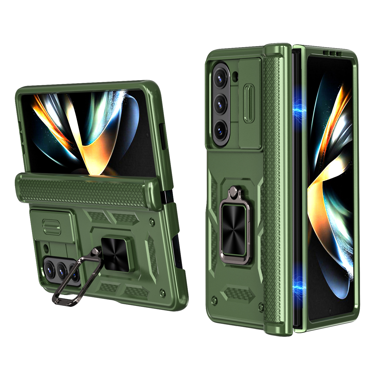 For Samsung Galaxy Z Fold6 5G Phone Case with Hinge PC + TPU Cover with Kickstand and Slide Camera Lid - Green