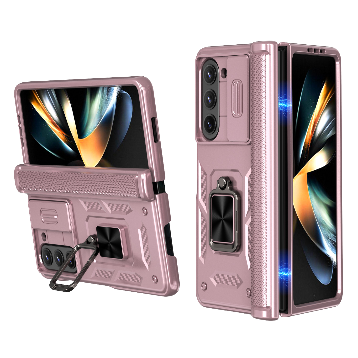 For Samsung Galaxy Z Fold6 5G Phone Case with Hinge PC + TPU Cover with Kickstand and Slide Camera Lid - Rose Gold