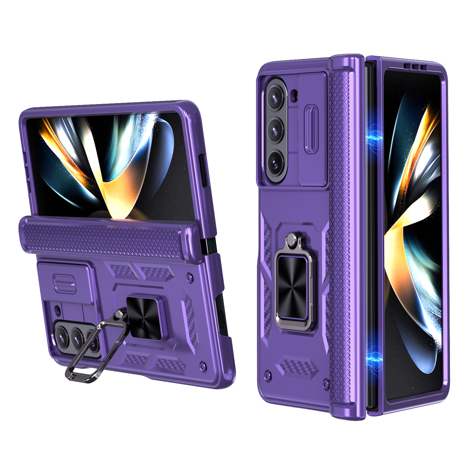 For Samsung Galaxy Z Fold6 5G Phone Case with Hinge PC + TPU Cover with Kickstand and Slide Camera Lid - Purple